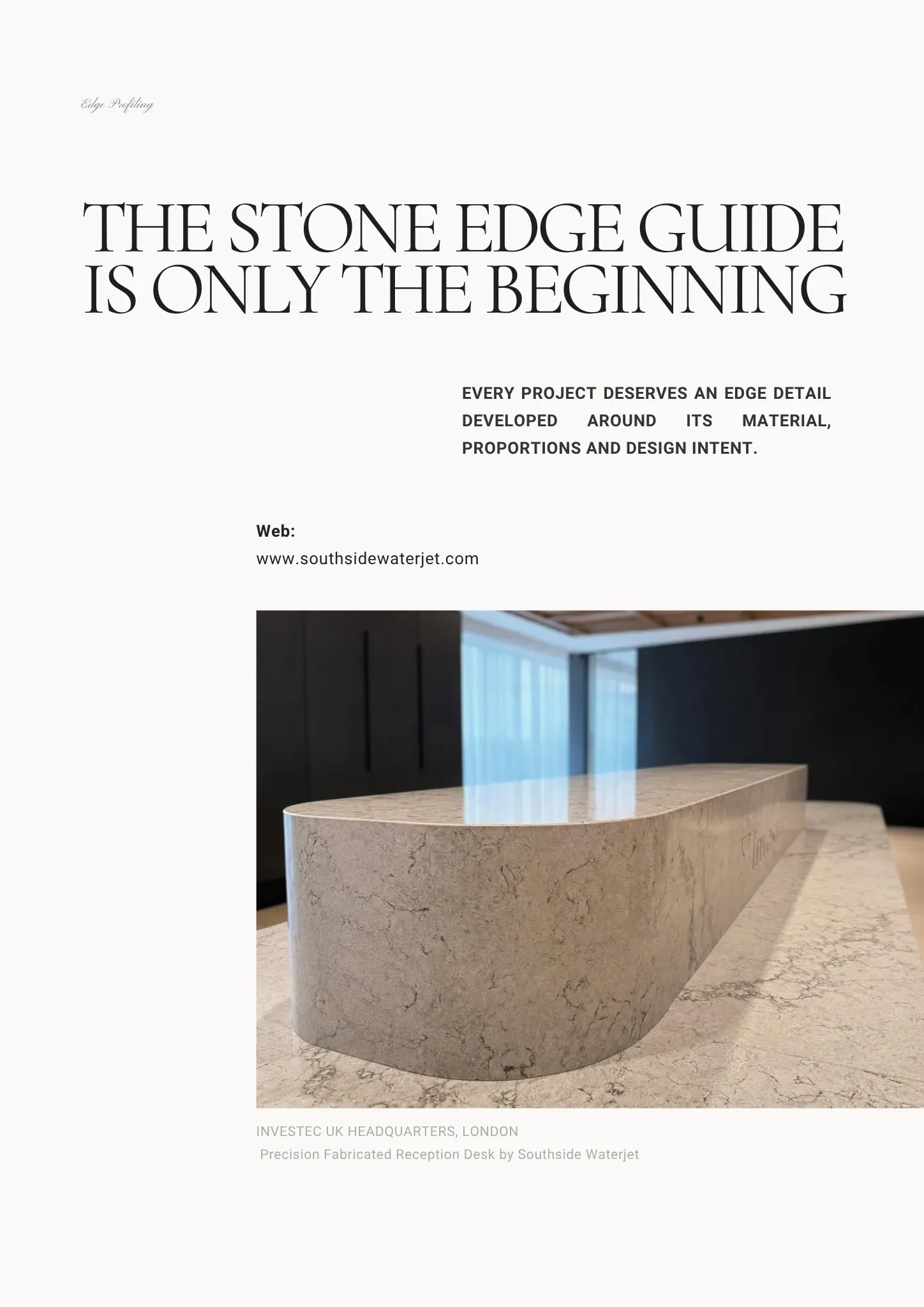 Precision-fabricated curved stone reception desk at Investec UK headquarters in London by Southside Waterjet.