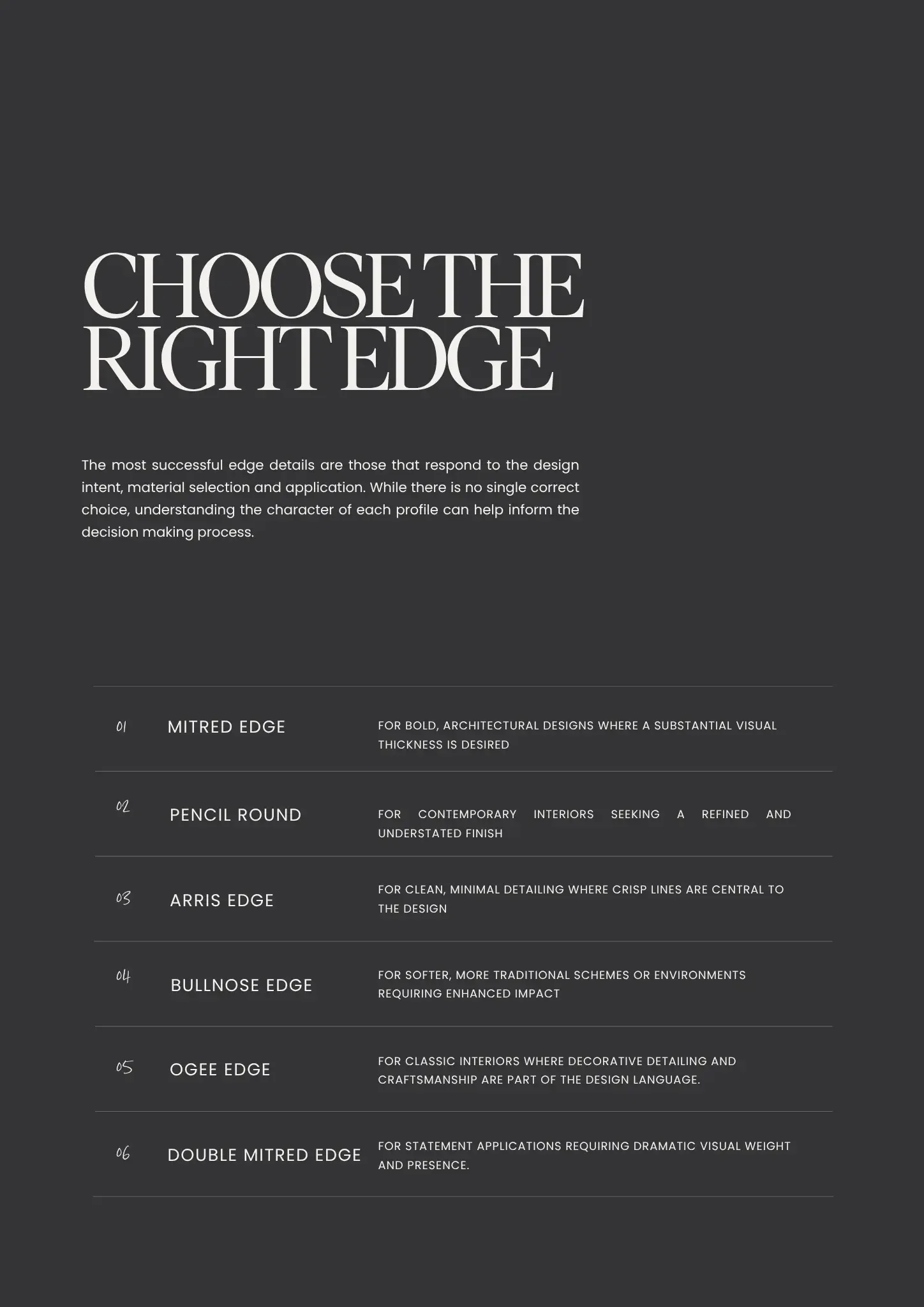 A page titled 'Choose the Right Edge' with descriptions of various types of architectural edges, including Mitred Edge, Pencil Round, Arris Edge, Bullnose Edge, Ogee Edge, and Double Mitred Edge, each with a brief explanation of their use and characteristics.