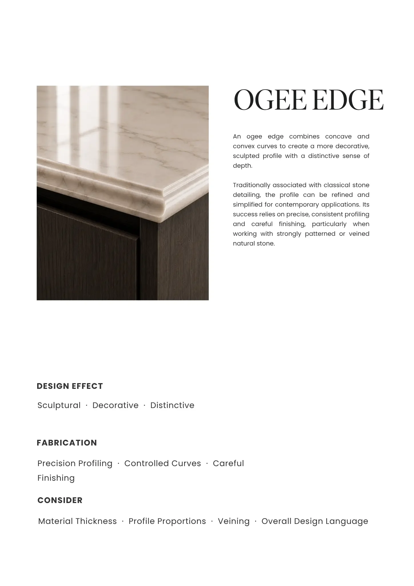Close-up of a marble countertop with a detailed edge profile, mounted on a dark wooden base.
