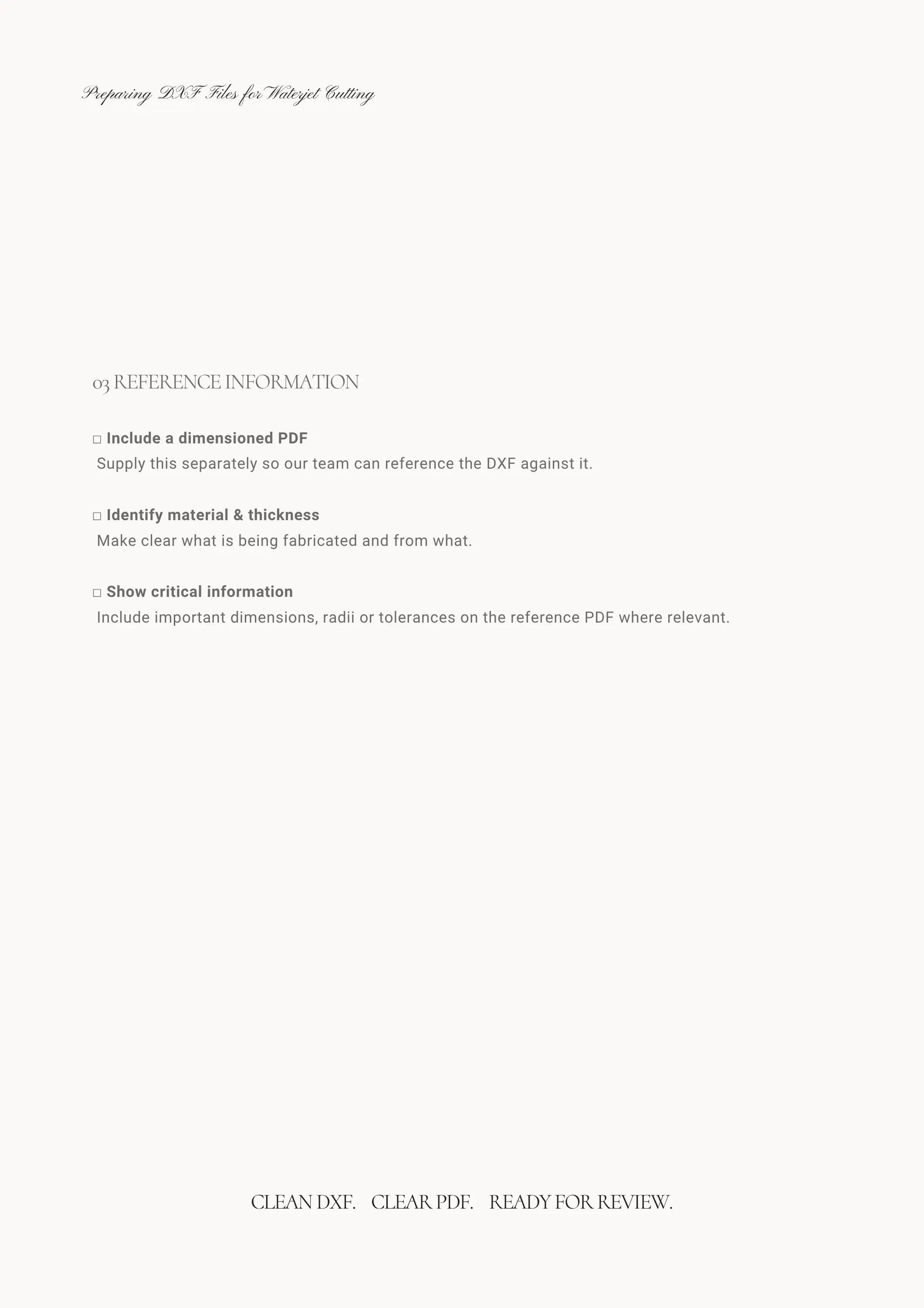 CAD submission checklist covering material, thickness, dimensions, radii and supporting fabrication information.