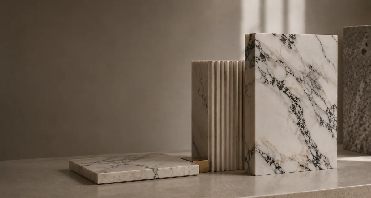 Various marble and stone slabs in different sizes and patterns on a neutral-colored surface.