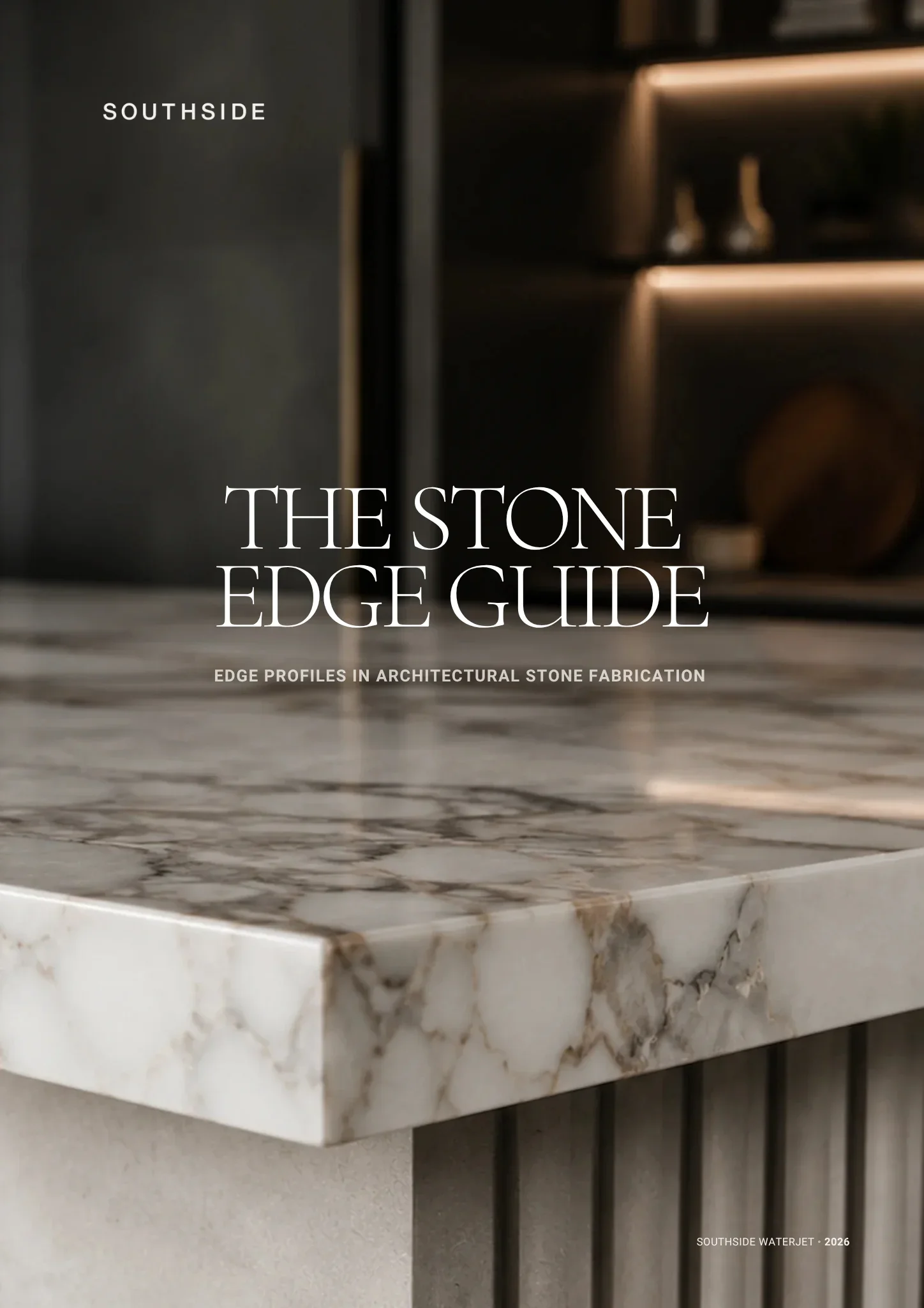 Cover of The Stone Edge Guide by Southside Waterjet, featuring a detailed natural stone worktop edge.