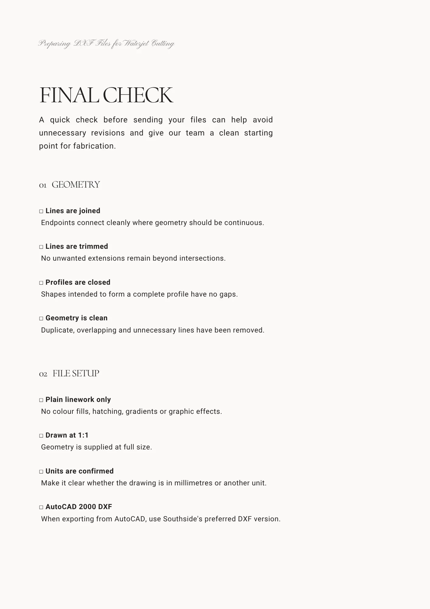 DXF pre-submission checklist covering geometry, clean linework, file format, scale and units.