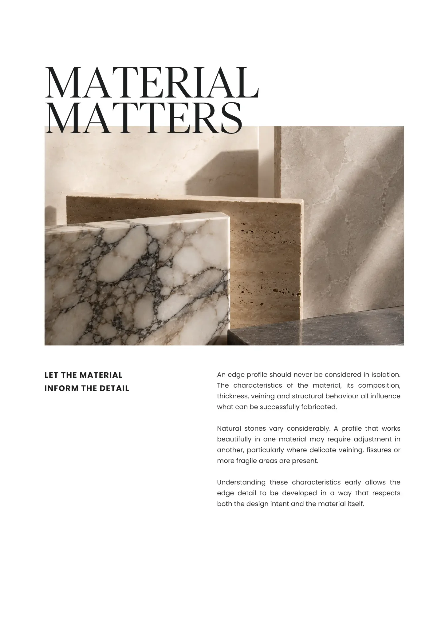 Cover page showing various samples of marble and stone materials with the header text 'Material Matters' and subheading about the importance of material edge profiles in fabrication.