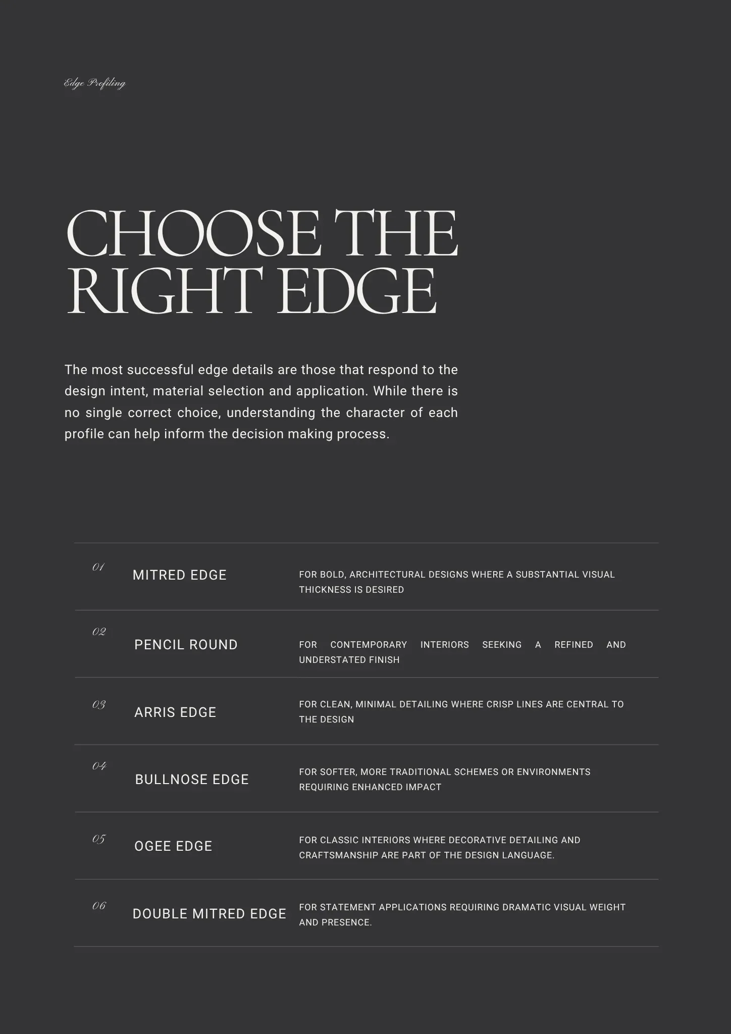 Guide to choosing the right stone edge profile according to design intent, material and application.