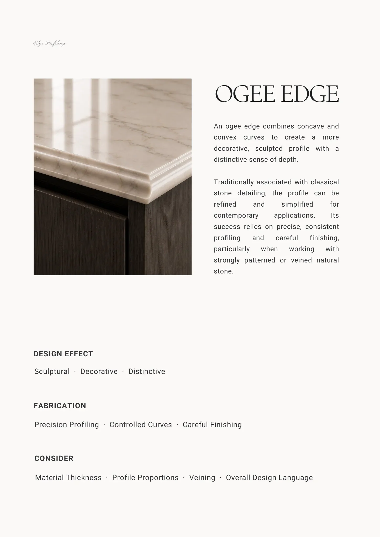 Ogee stone edge combining concave and convex curves to create a decorative sculpted profile.