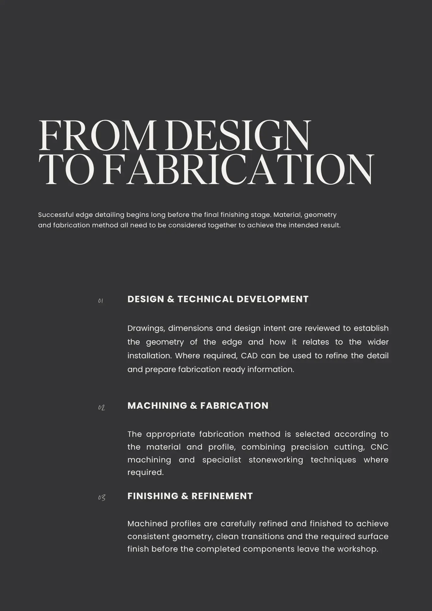 Page from technical manual titled "From Design to Fabrication" with sections on design, machining, finishing, and reinforcement. Contains headings and paragraphs describing processes in manufacturing.
