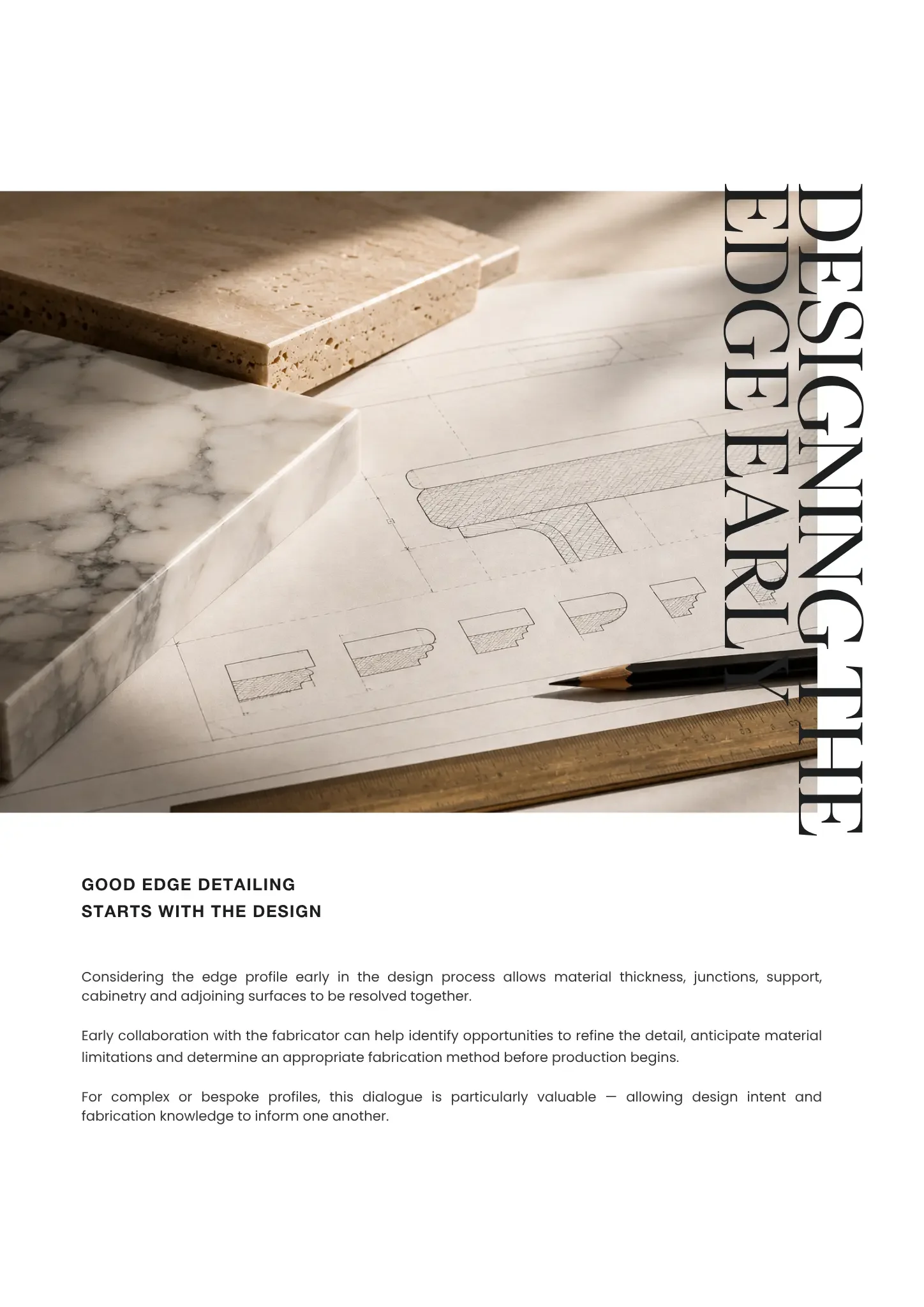 Close-up of different material sample tiles, including marble, cork, and stone, placed on architectural drawings with a pencil and ruler nearby. Text on the image reads 'Designing Edge Detail' and 'Good edge detailing starts with the design.'