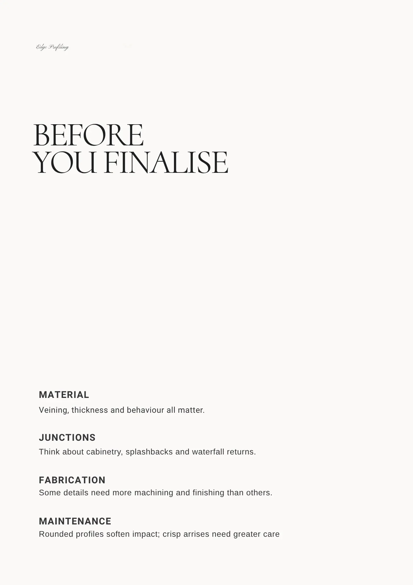 Stone edge profile checklist covering material, junctions, fabrication and maintenance considerations before finalising a design.