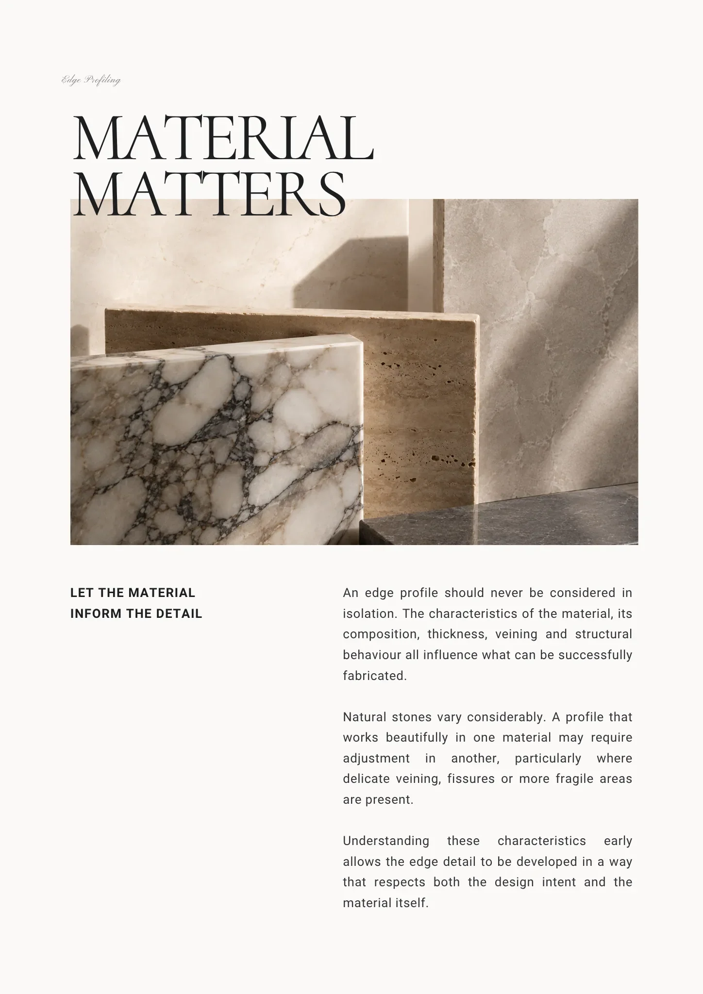 Selection of natural stone samples illustrating how material, thickness, veining and structure influence edge detailing.