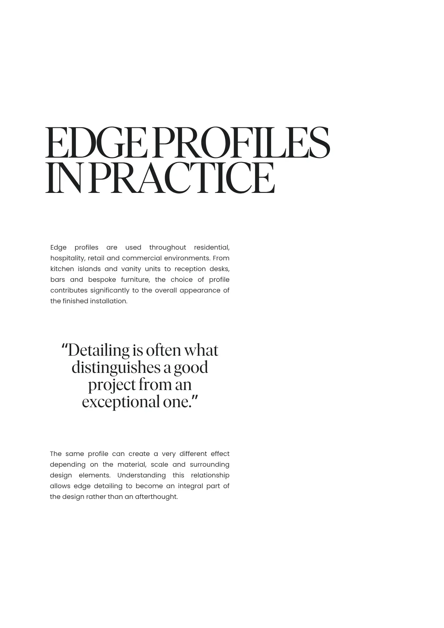 Text-based informational graphic about edge profiles in design, emphasizing their role in various environments and the importance of detailing in design elements.