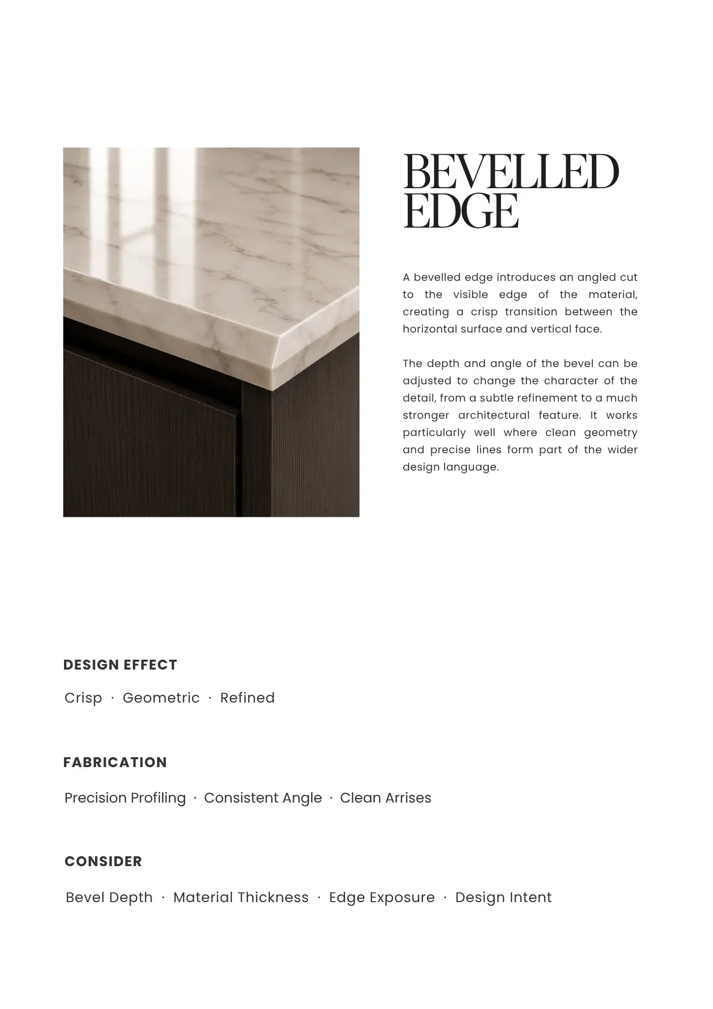 Close-up of a marble countertop with beveled edges and a dark wooden cabinet below.