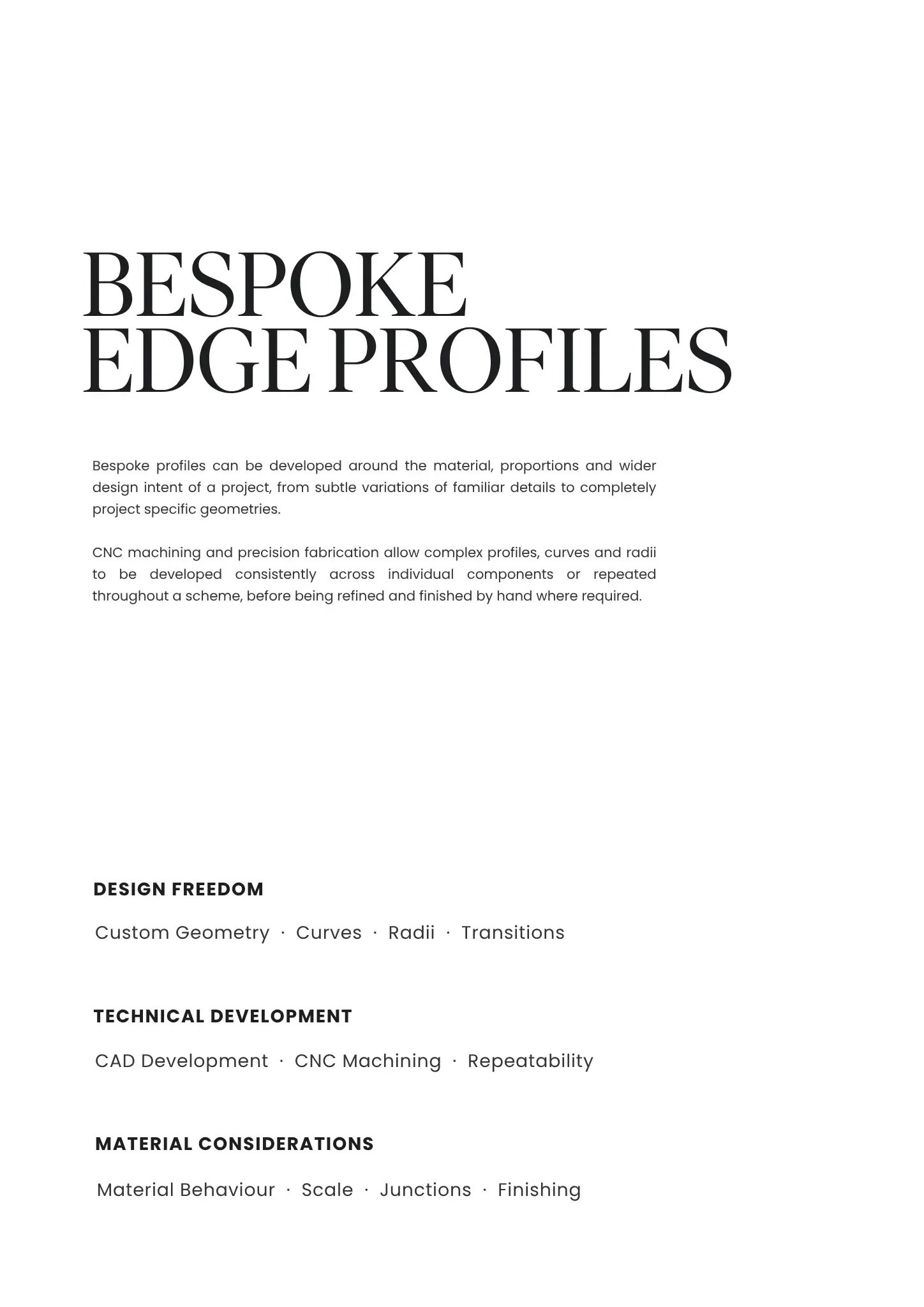 Page from a design guide titled 'Bespoke Edge Profiles' with sections on design freedom, technical development, and material considerations.