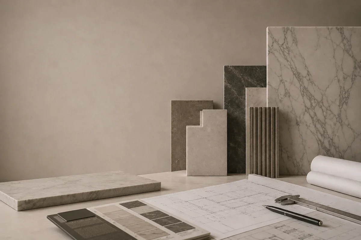 Display of various fabric and marble samples, floor plan, and measuring tools arranged on a table, used for interior design or architecture planning.