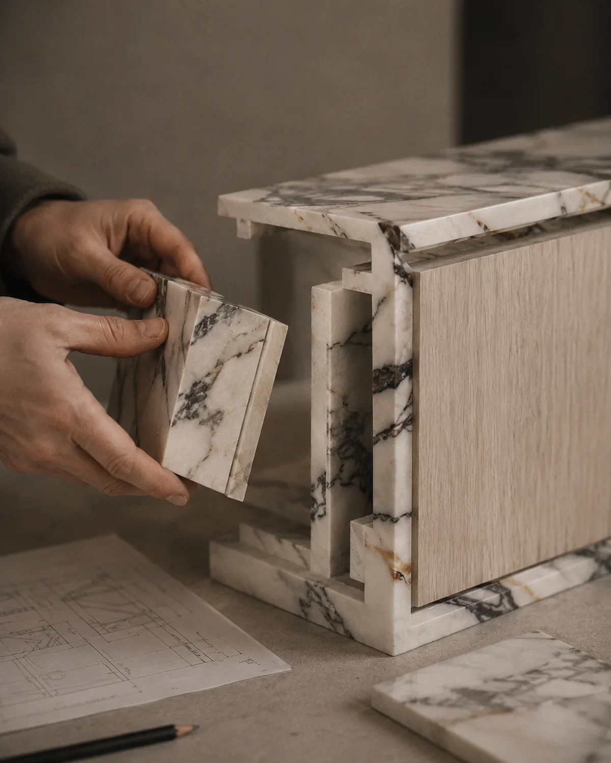 Person installing marble tiles on a wooden cabinet, with architectural plans and tiles on the table.