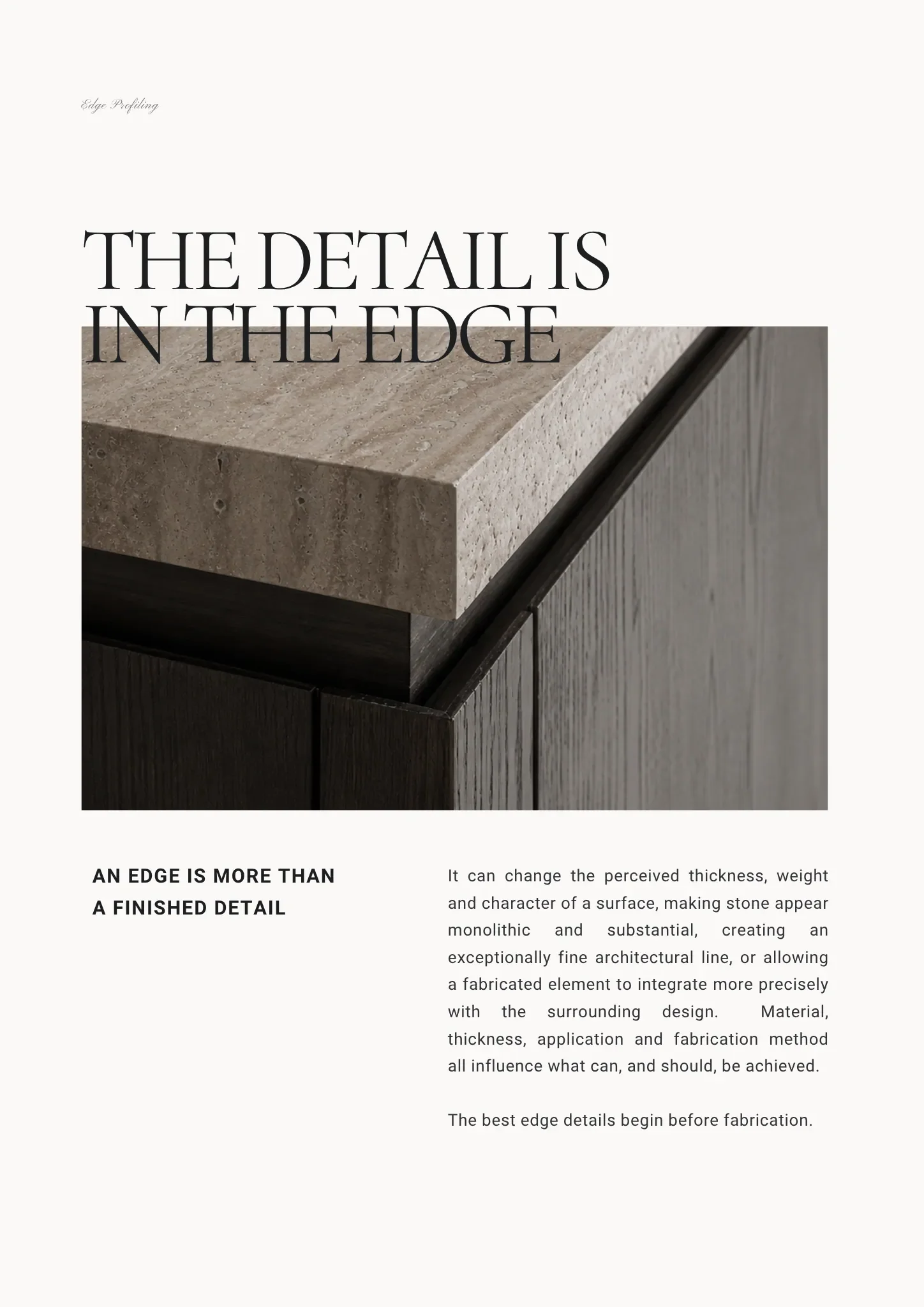 Architectural stone edge detail illustrating how edge profiling affects the perceived thickness and character of stone.