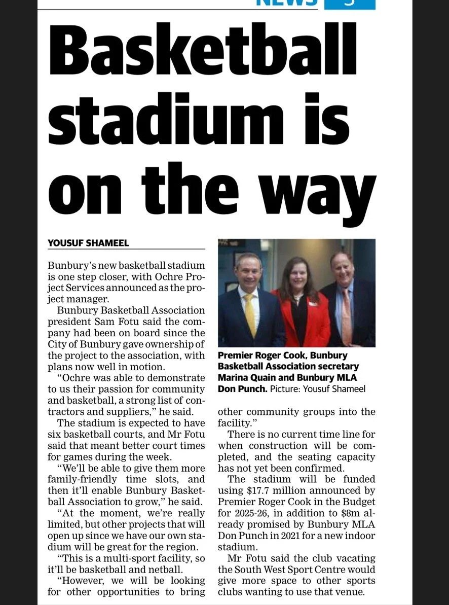 We&rsquo;re proud to be acknowledged by the Cook Government as project managers for the new $25.7 million South-West indoor sports facility at Hay Park, Bunbury. 

With $17.7 million in the 2025-26 Budget, plus $8 million already committed, this mult