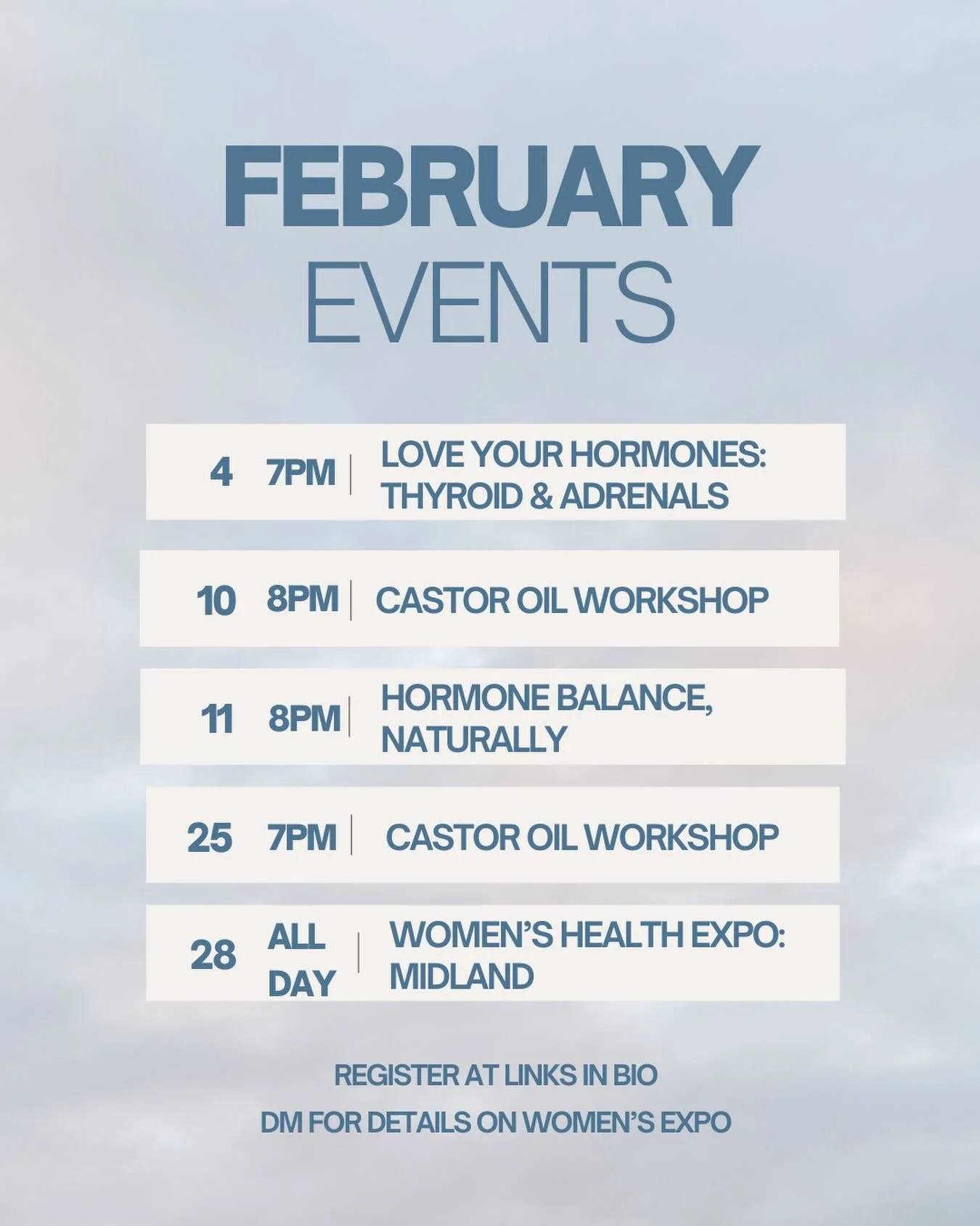 With the new year in the rear view&hellip;let&rsquo;s give a little L❤️VE to yourself this month with my workshops. 

❤️ Castor Oil - virtual 
❤️ Adrenals &amp; Thyroid - virtual 
❤️ Women&rsquo;s Hormones - virtual 
❤️ Midland Women&rsquo;s Heath Ex