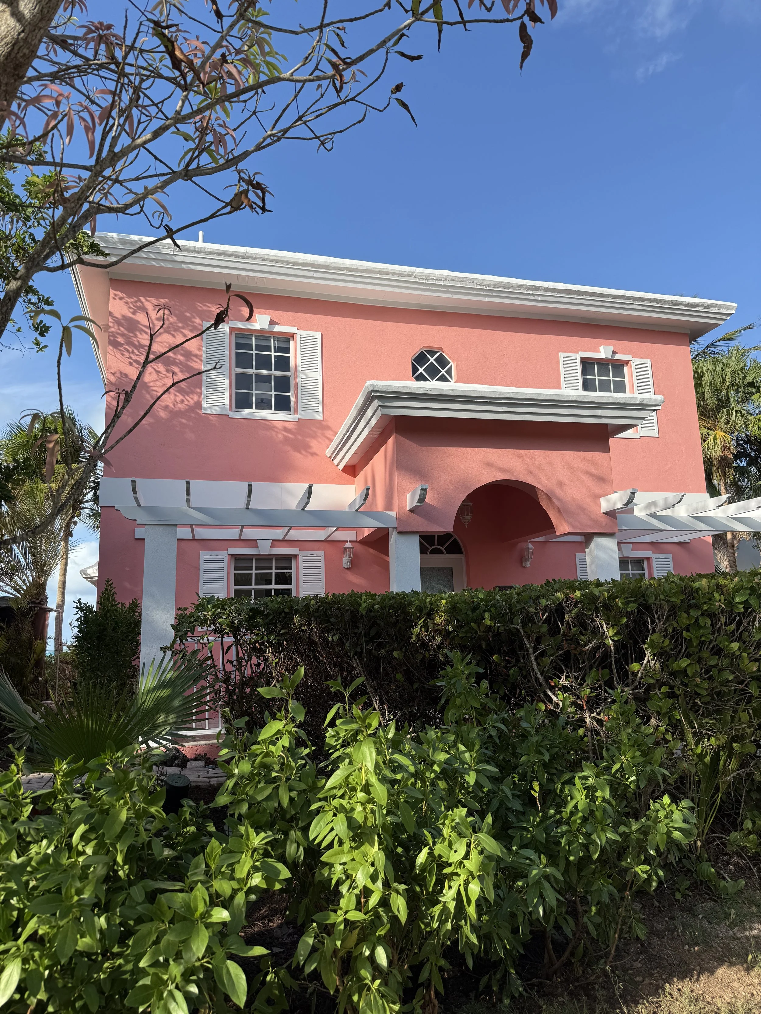 Pink two-story house with white trim, surrounded by greenery, under a clear blue sky.
