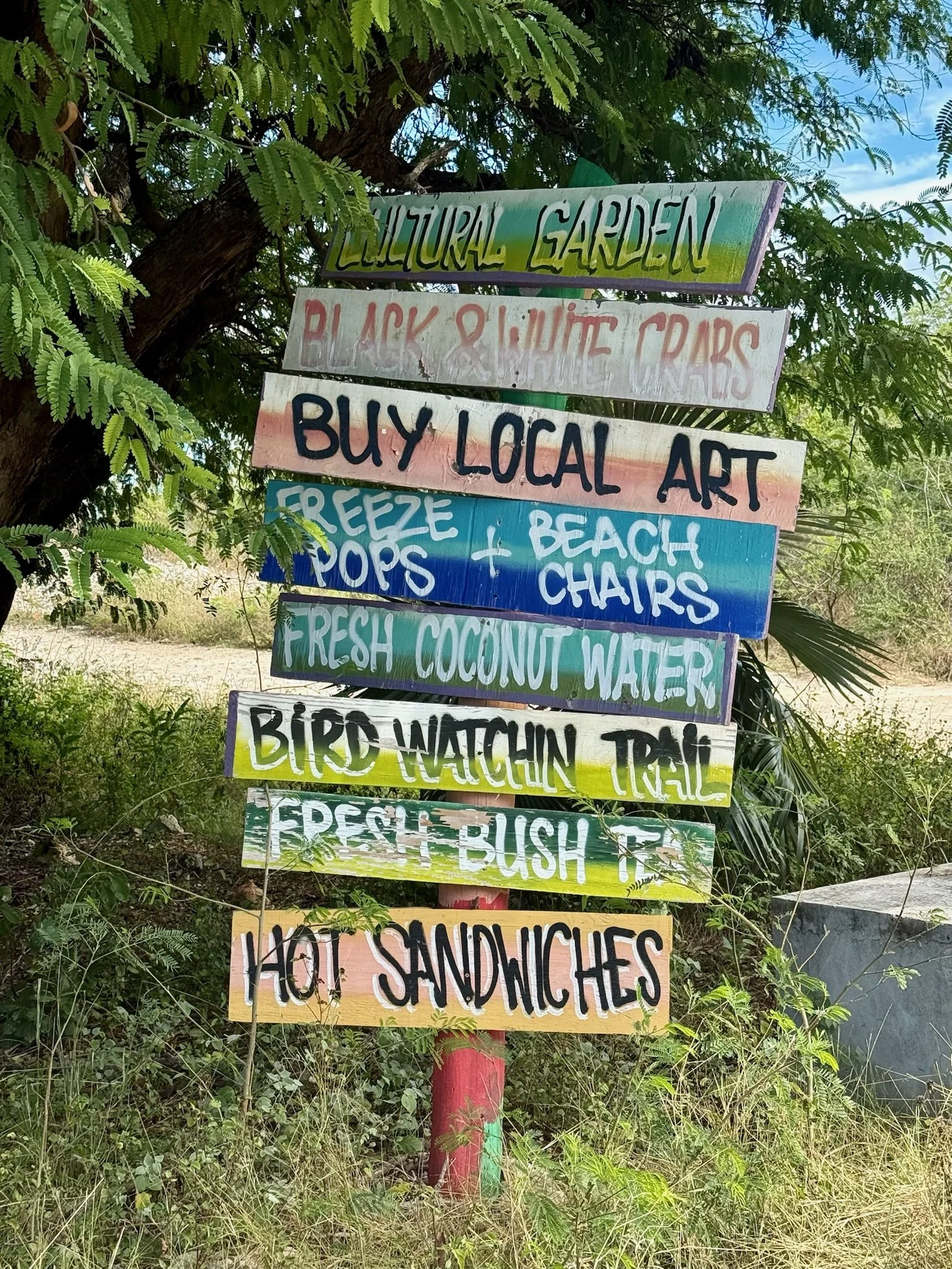 Colorful hand-painted signs on a wooden post near a tree, inviting visitors to a cultural garden, seafood, local art, and nature activities.