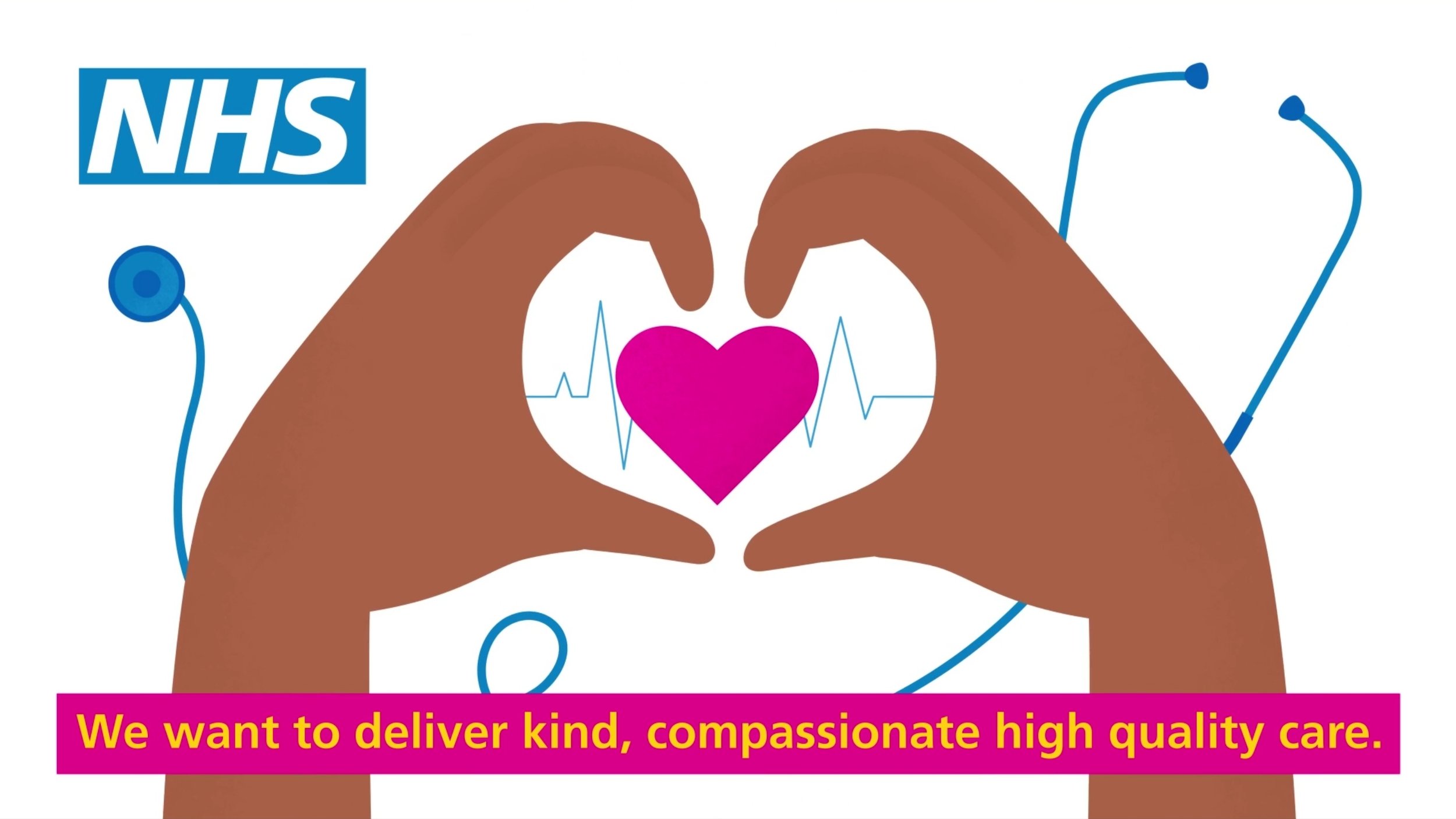Illustration of hands forming a heart with NHS logo and a care message.