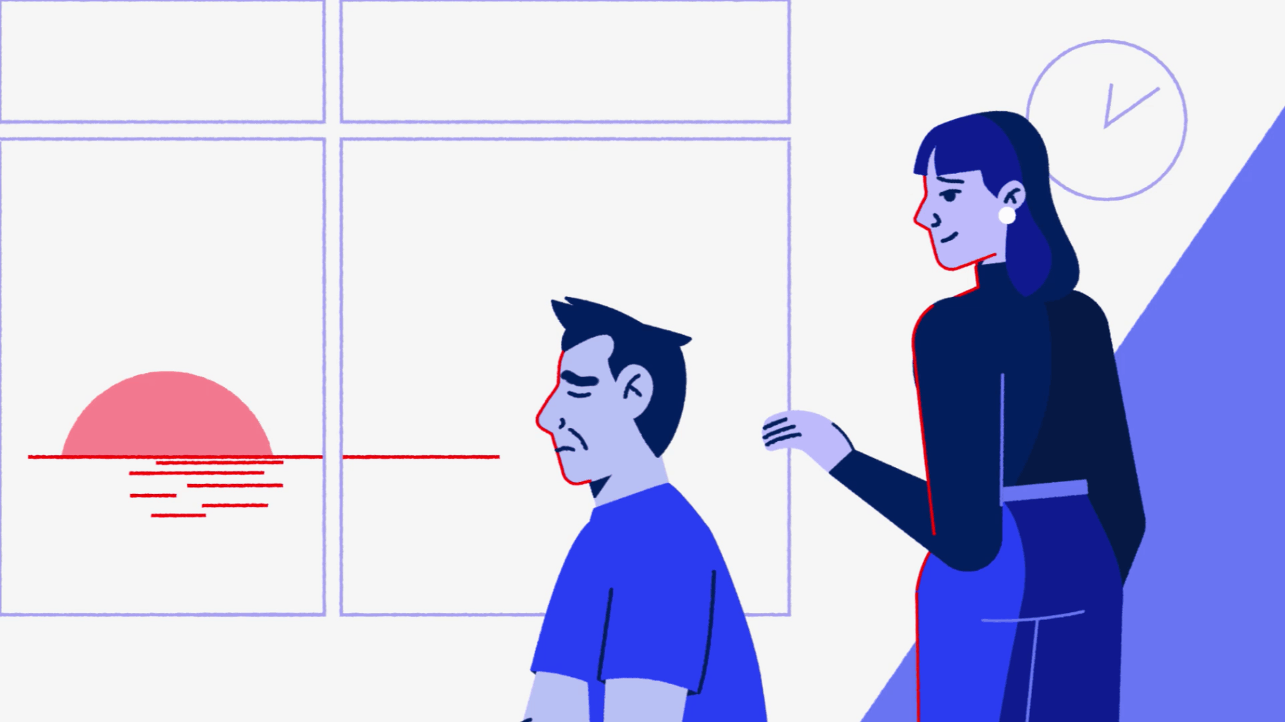 Woman placing supportive hand on sad man looking out window at sunset