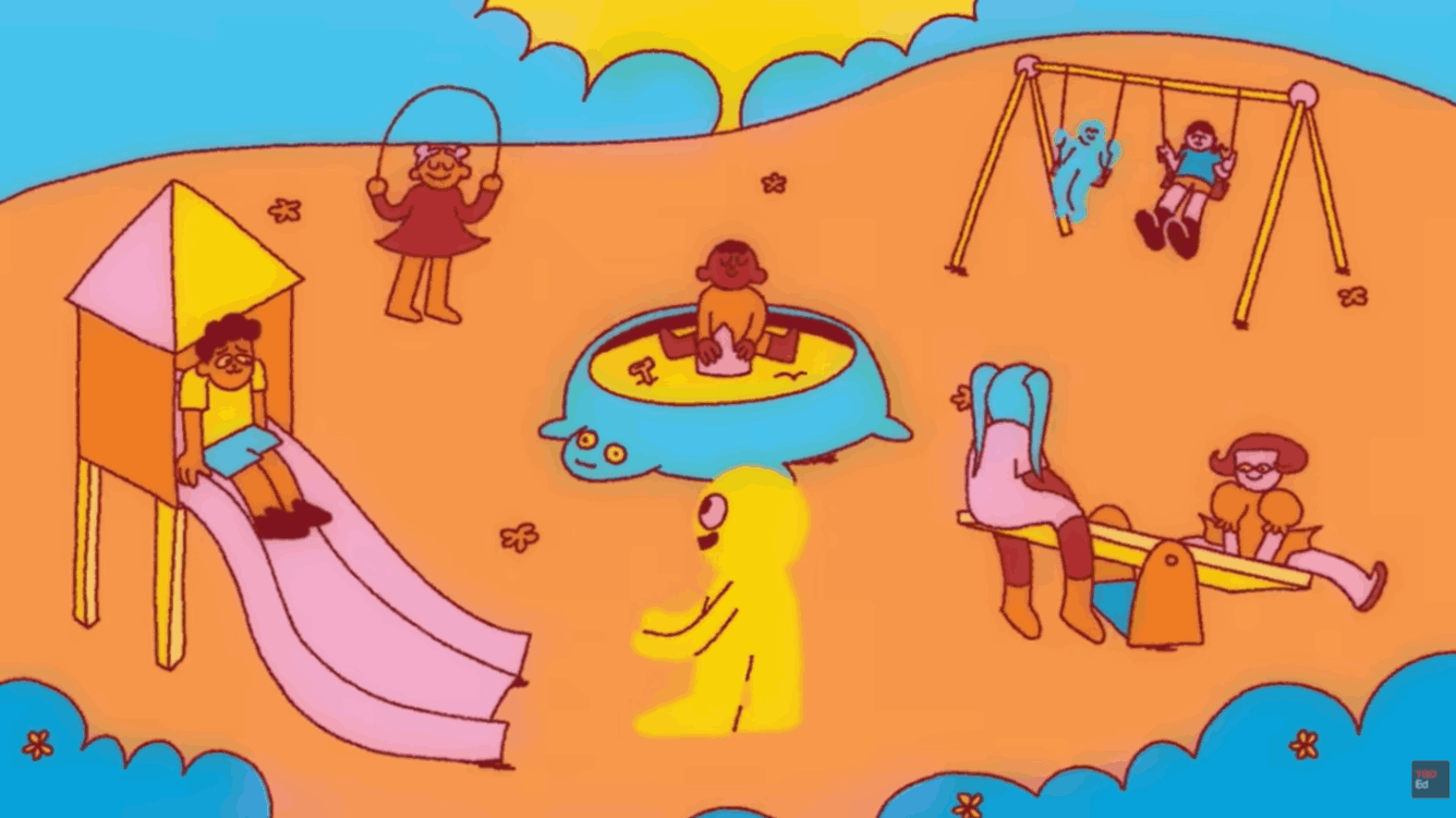 Children playing in playground with colorful imaginary companions