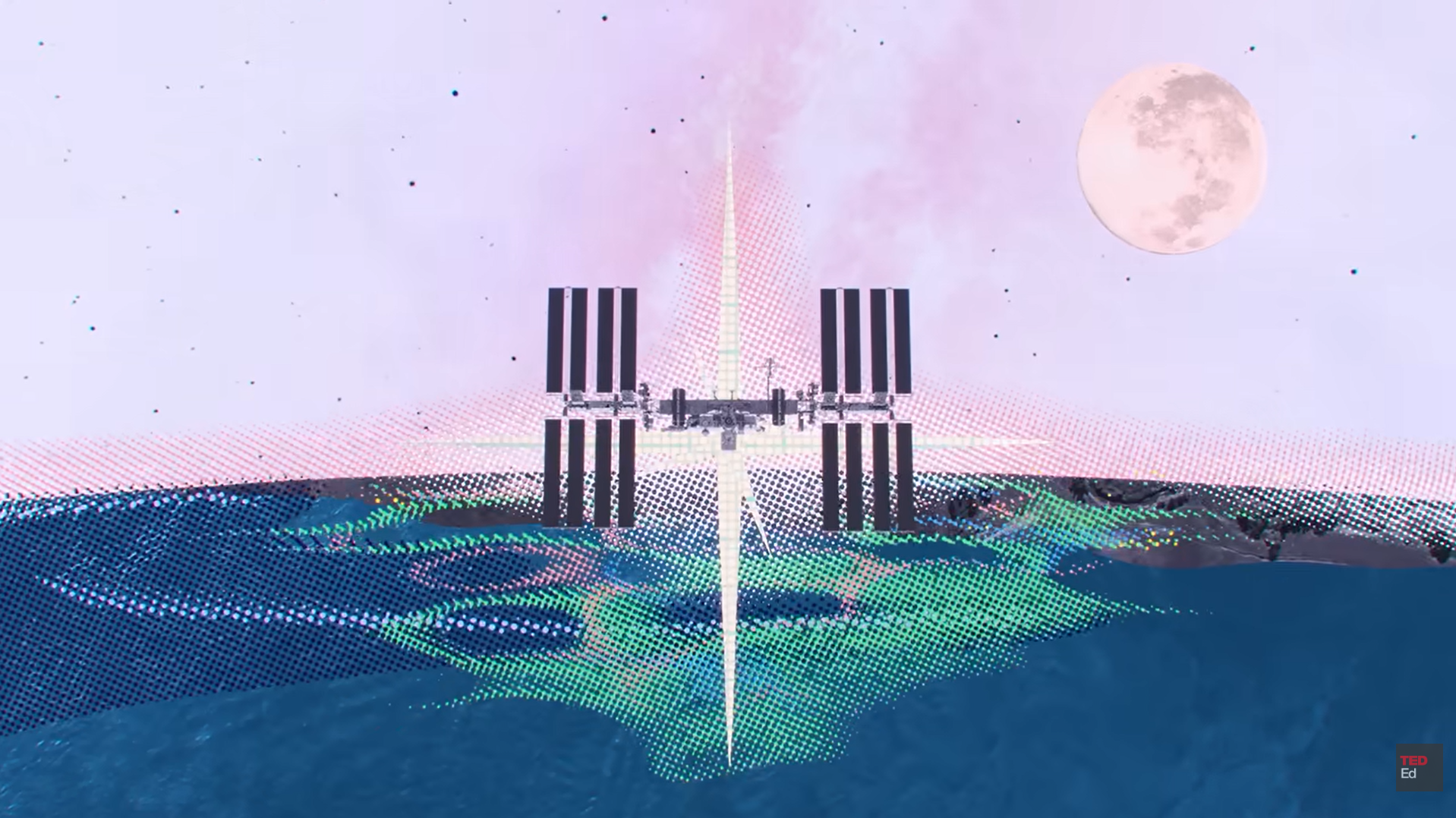 TED-Ed animation depicts the International Space Station orbiting Earth beneath a glowing full moon.