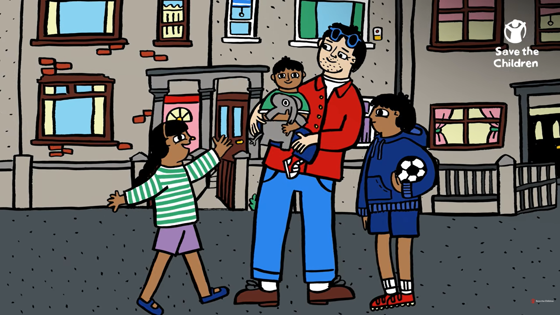 Adult stands outdoors with three children and an elephant character in a Save the Children animation.