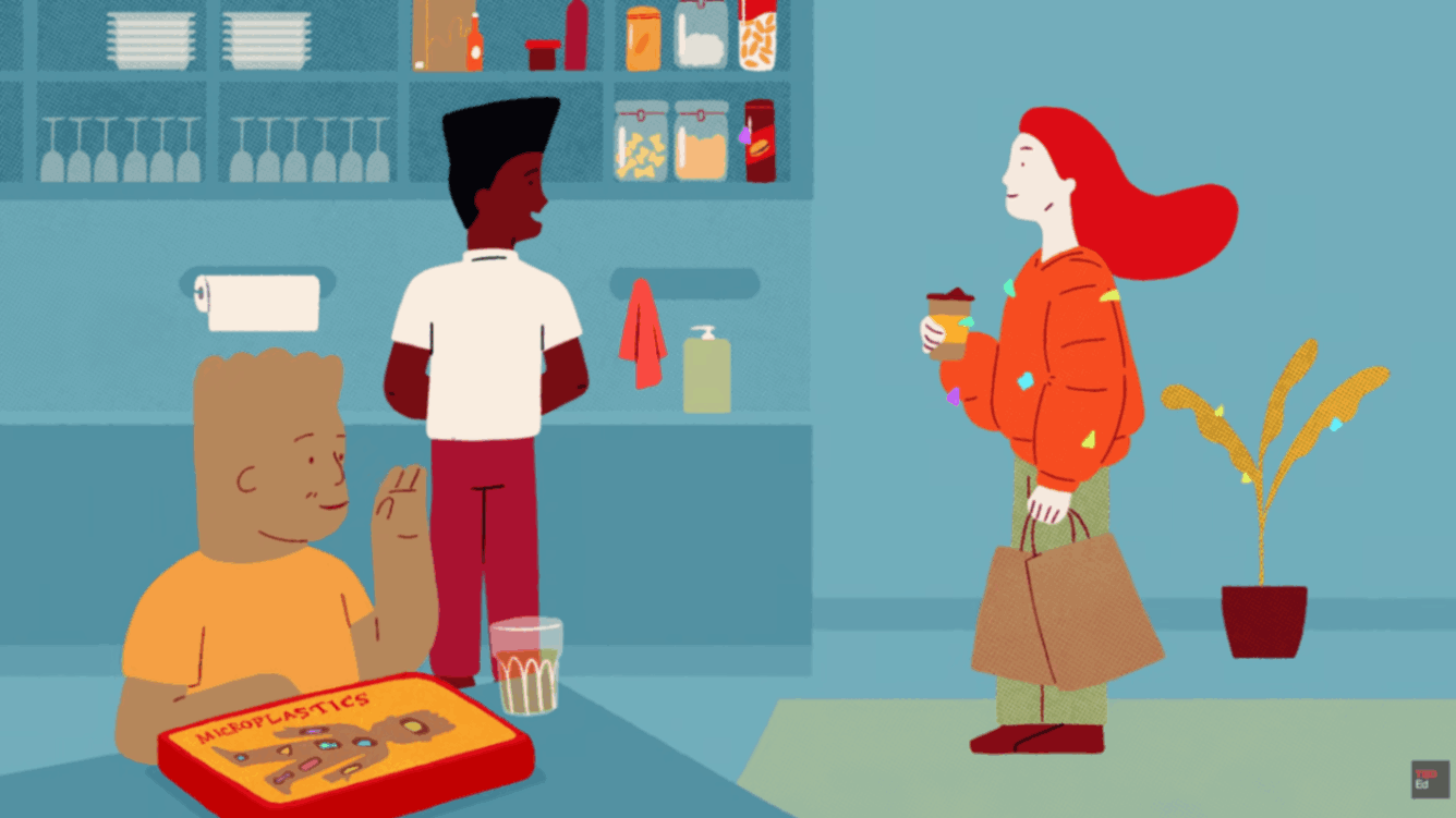 Animated kitchen scene where people hold drinks and packaged food while a tray labeled microplastics sits on a table.