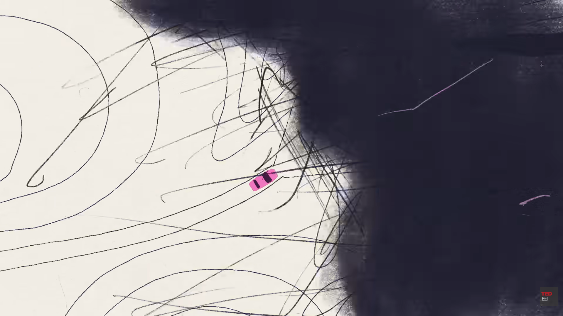 Small car travels through tangled lines toward a large dark abstract area.
