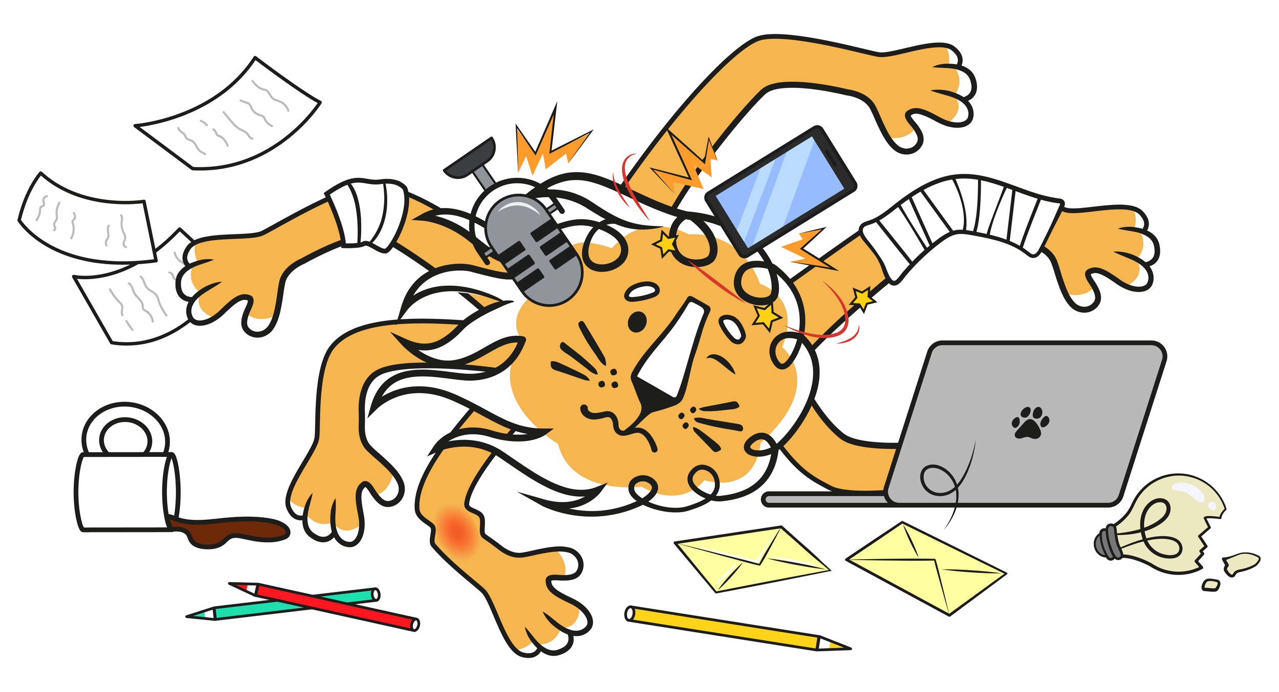 Leon the lion overwhelmed and tangled in creative tasks with scattered tools, broken objects, and signs of stress and chaos.