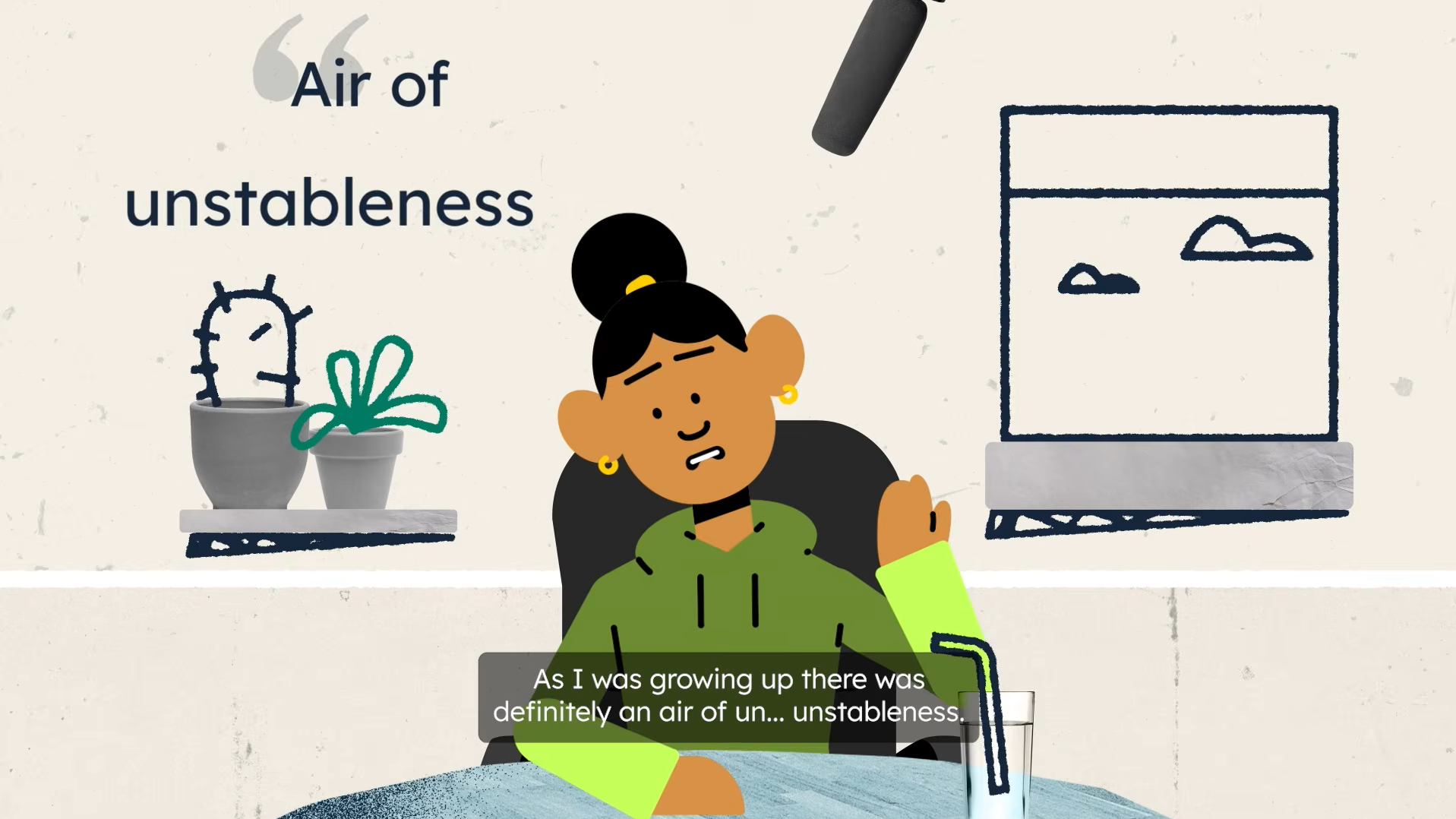 Animated woman discussing childhood instability while seated in an interview setting.