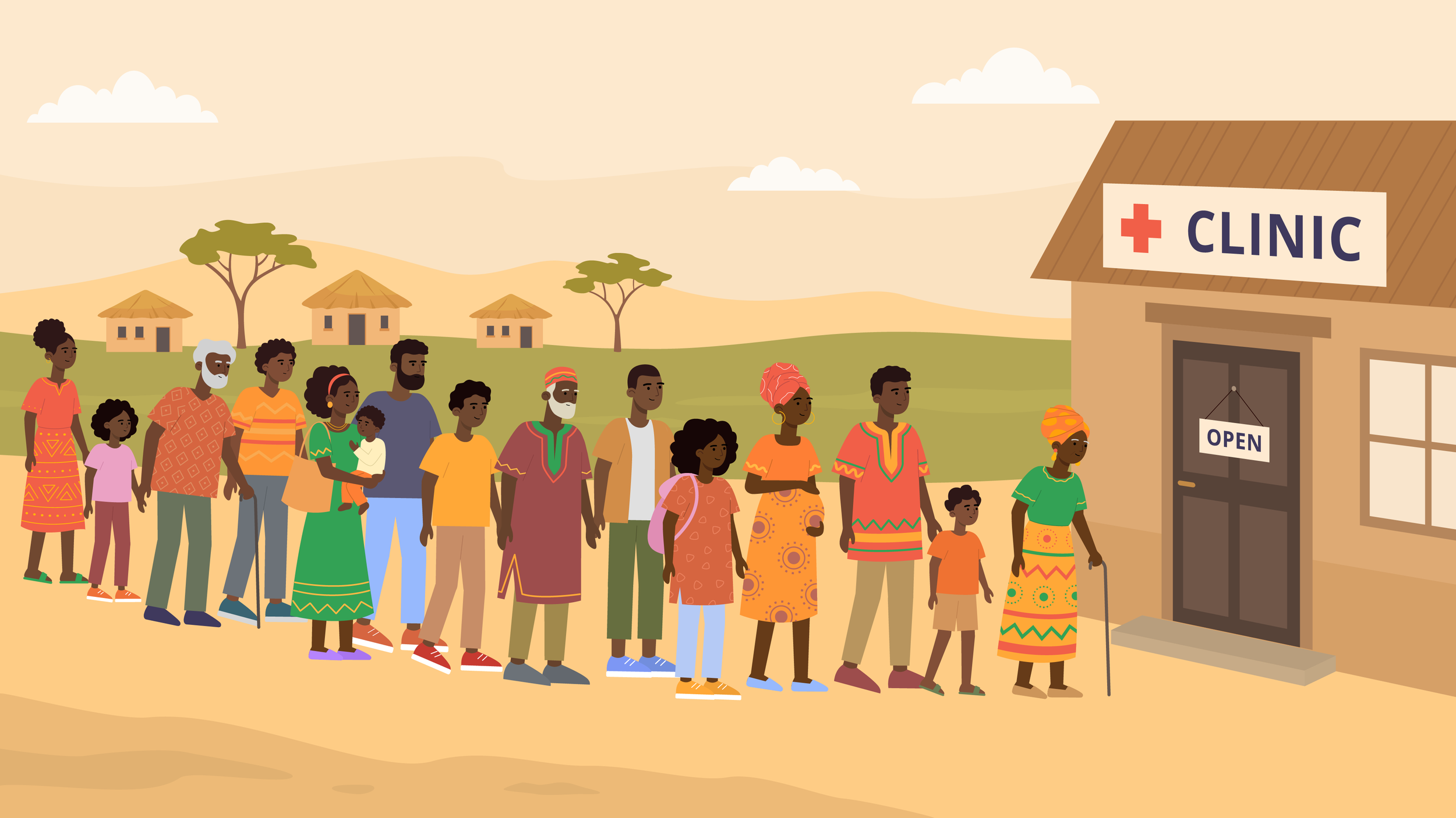 Animated illustration of people queuing outside a rural health clinic in Africa