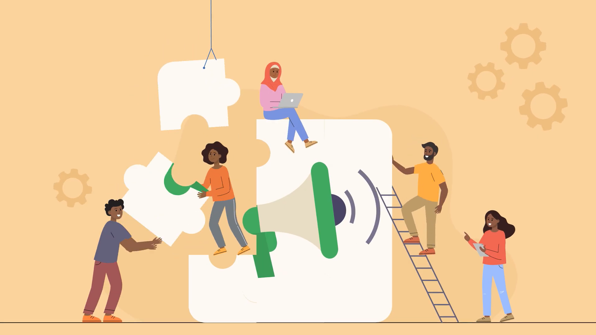 Diverse team assembles puzzle pieces around megaphone, representing collaboration, communication, and shared problem solving.