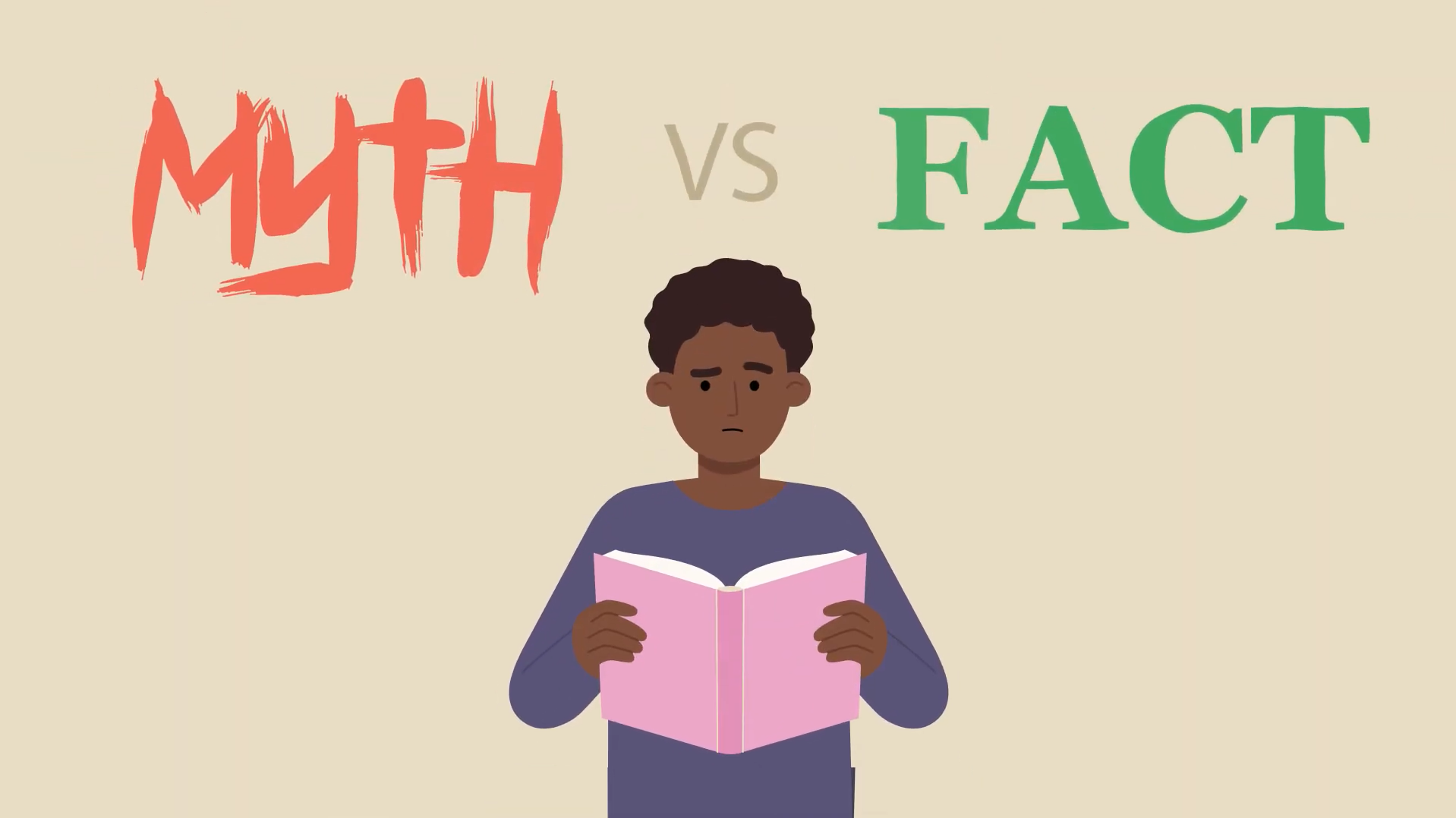 Young person reads a book beneath contrasting words myth and fact on beige background.
