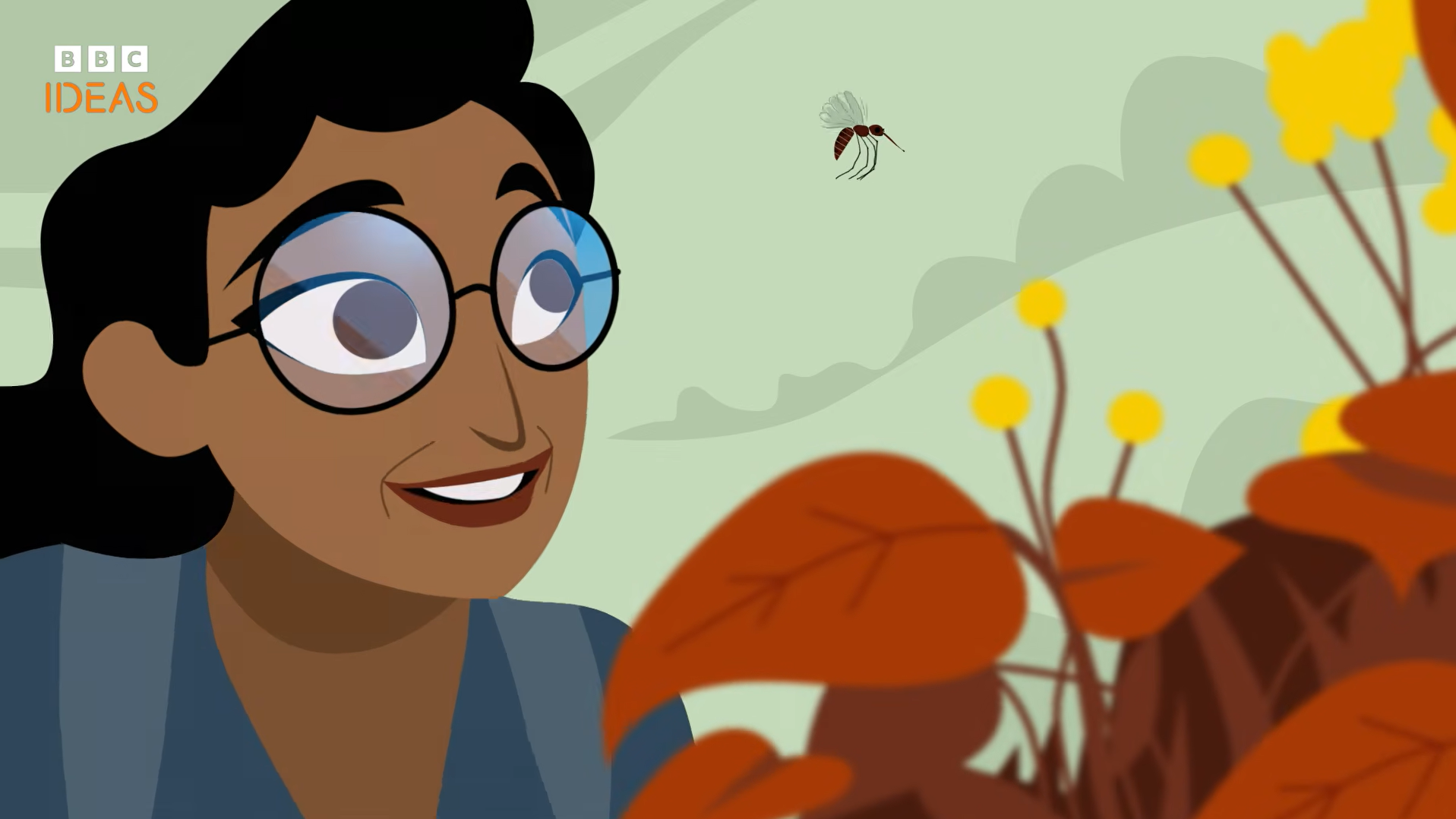 Woman wearing glasses observes a mosquito in an animated BBC Ideas video.
