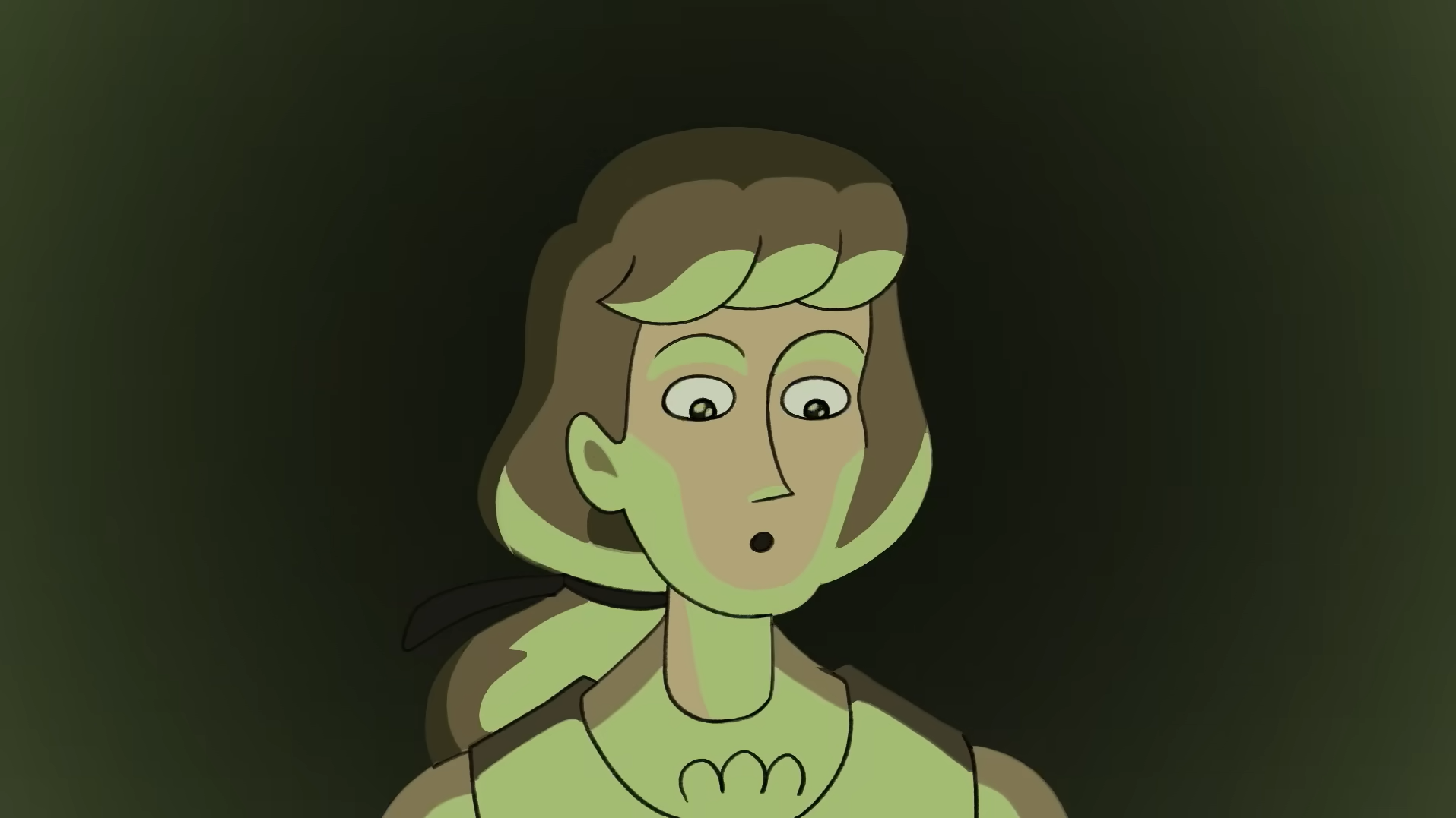 Illustrated woman reacts with surprise as green light illuminates her face against darkness.
