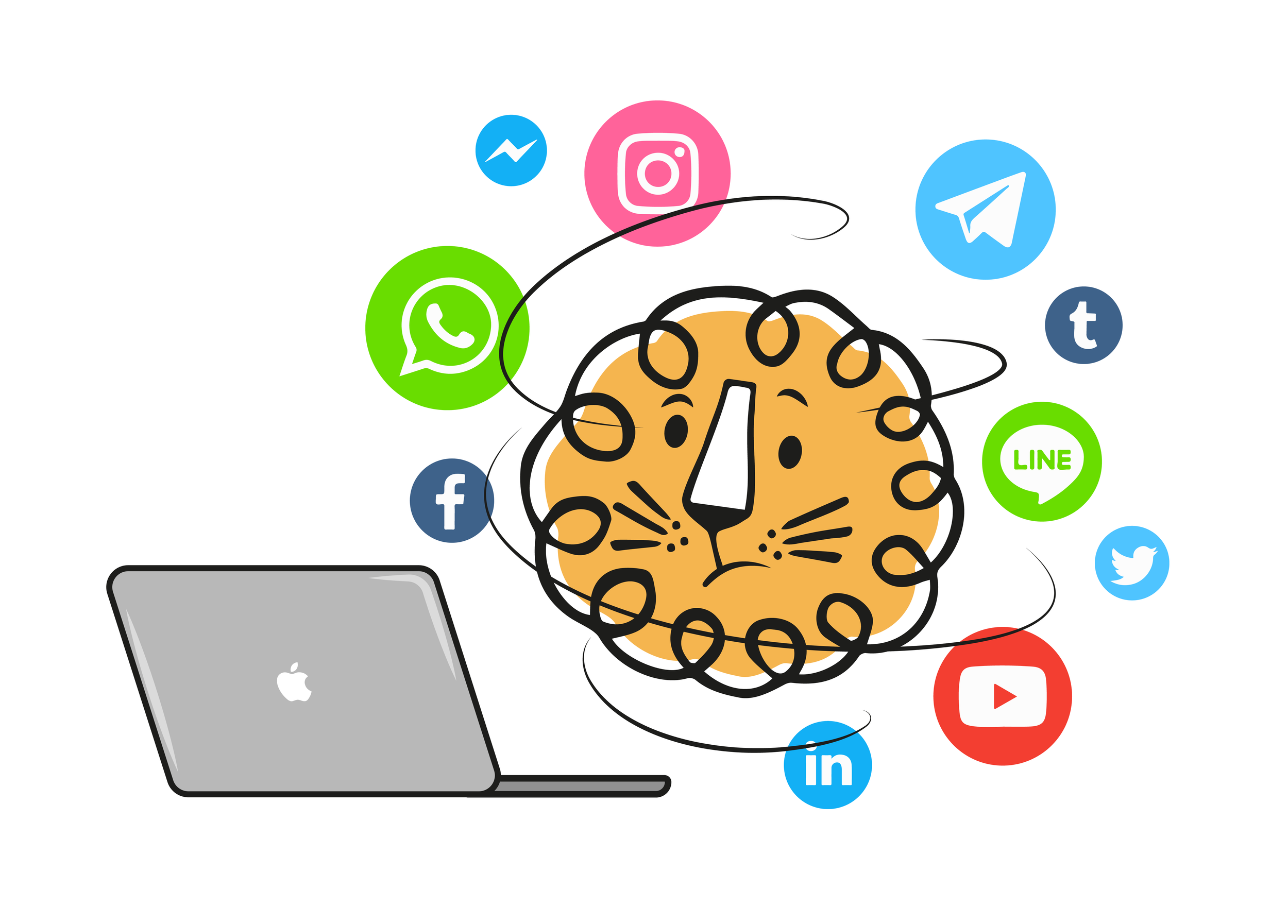 Leon the lion beside a laptop with various social media icons floating around, representing digital outreach.