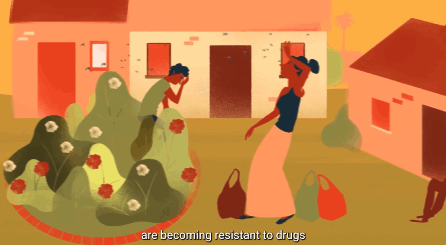 Community residents surrounded by mosquitoes illustrating growing insecticide resistance threatening disease control.