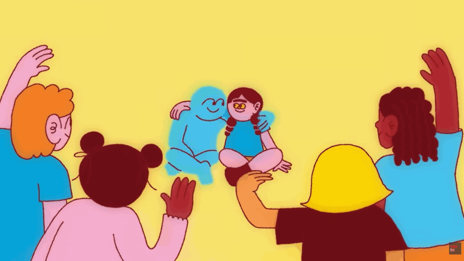 Children waving at glowing imaginary friend beside seated girl