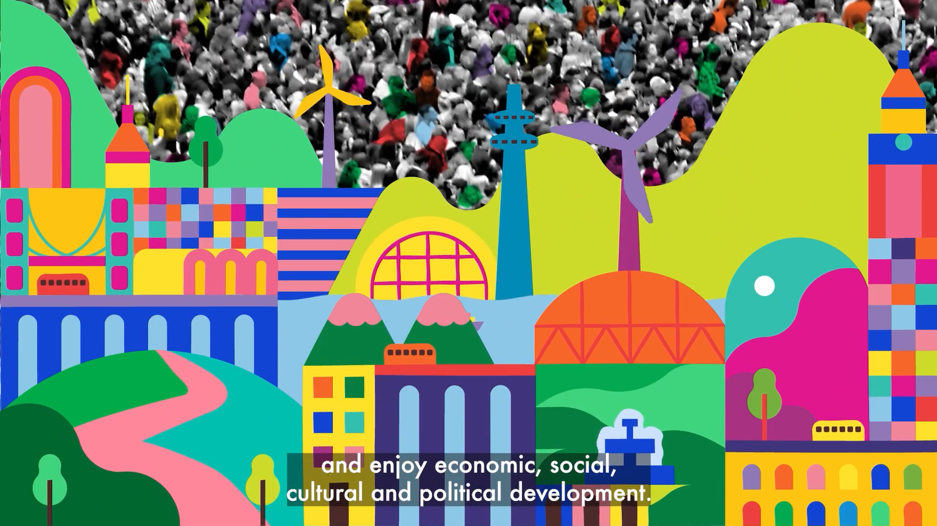 Vibrant illustrated cityscape with wind turbines, colourful buildings and crowds representing global development.
