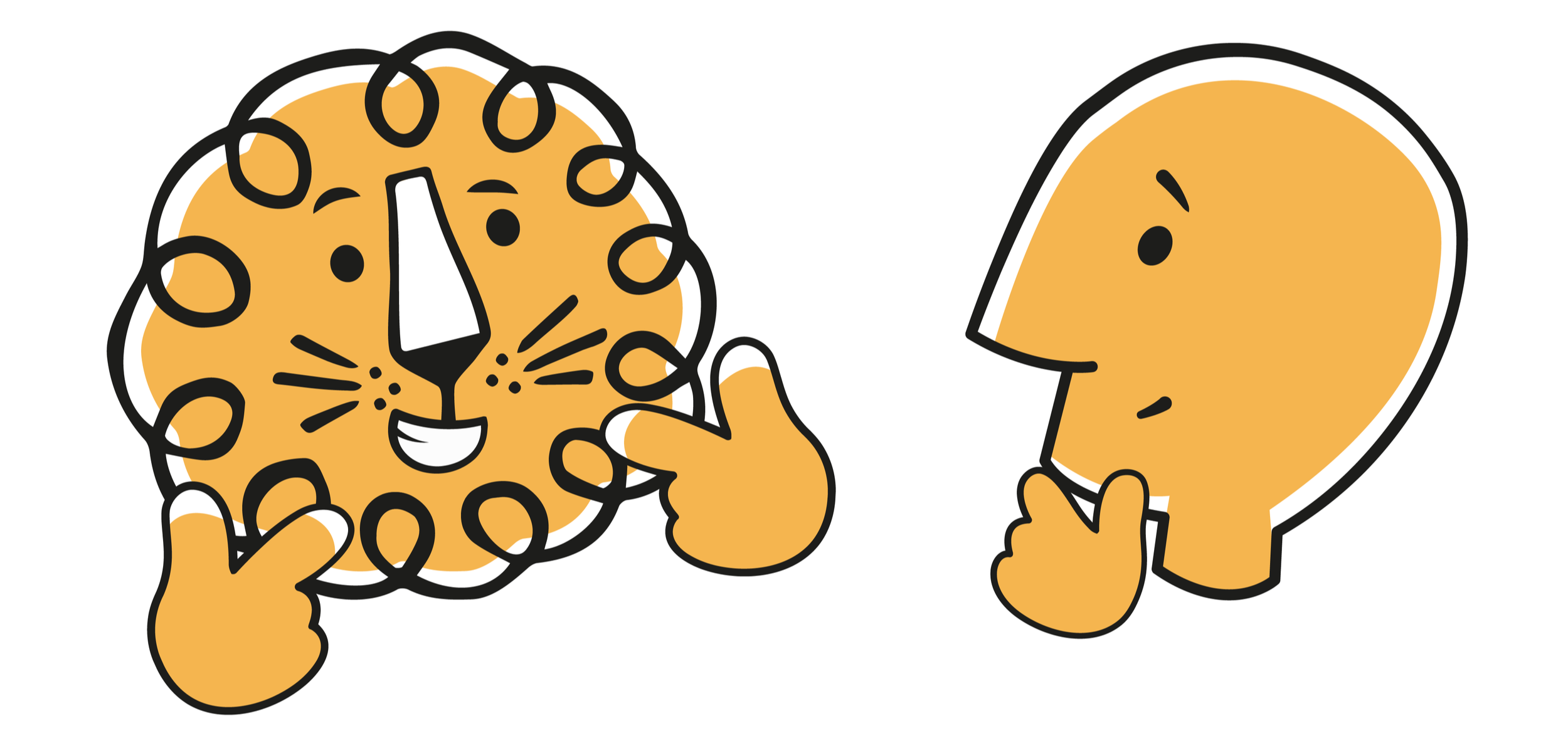 Leon the Animation Studio lion mascot explaining something while a human character thinks with hand on chin