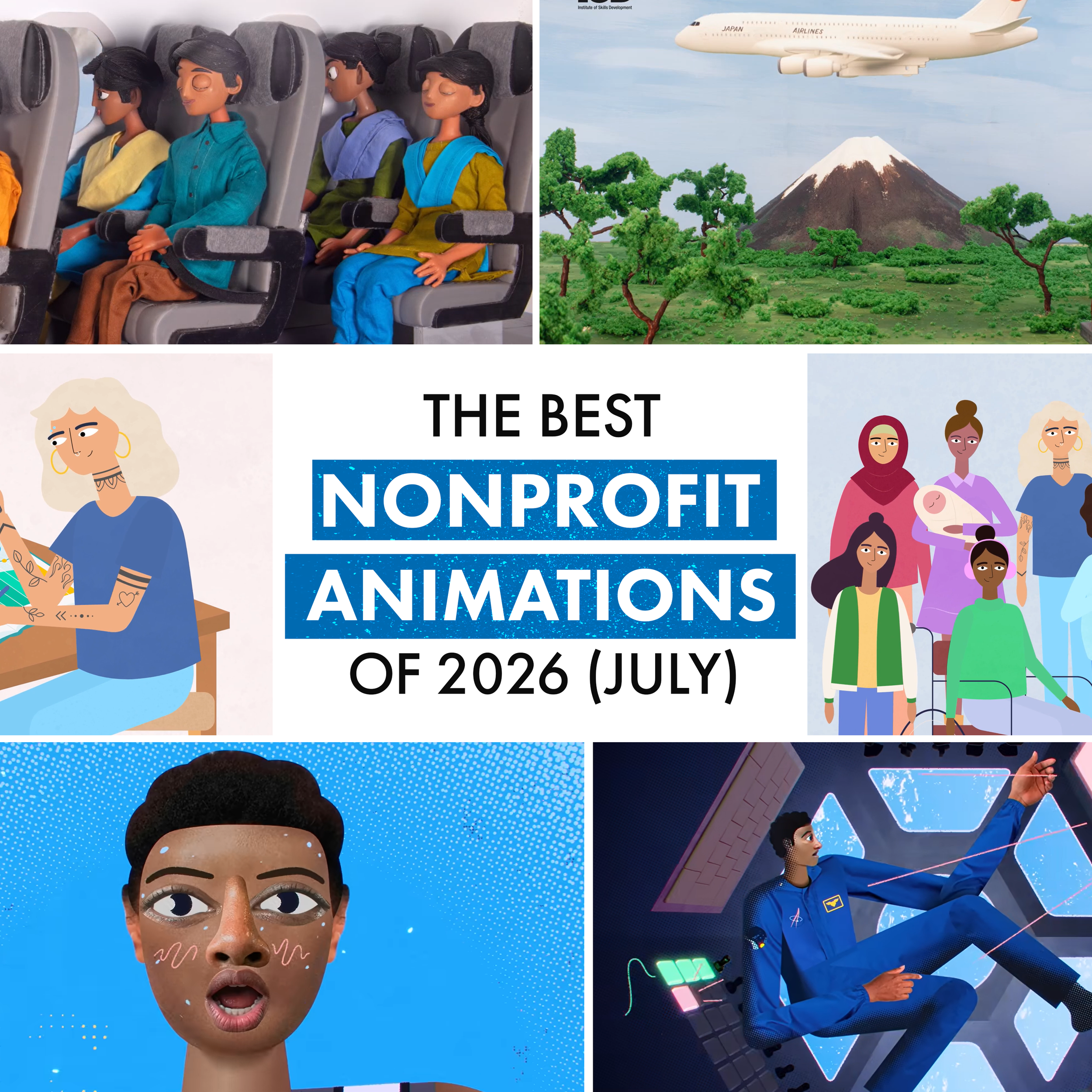 The Best Nonprofit Animations of July 2026 blog cover featuring six images from the featured animated videos.