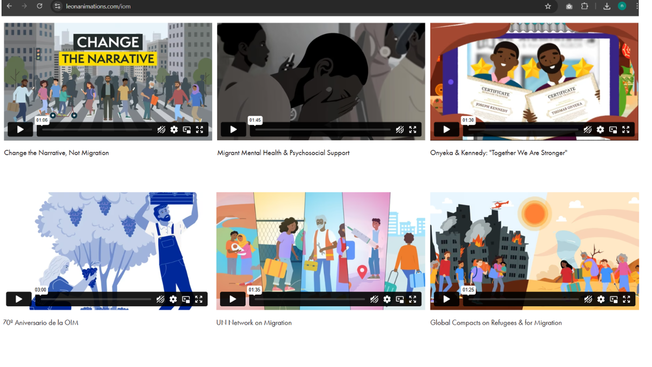Grid of animated video thumbnails from IOM projects including migration, climate change, and humanitarian topics.