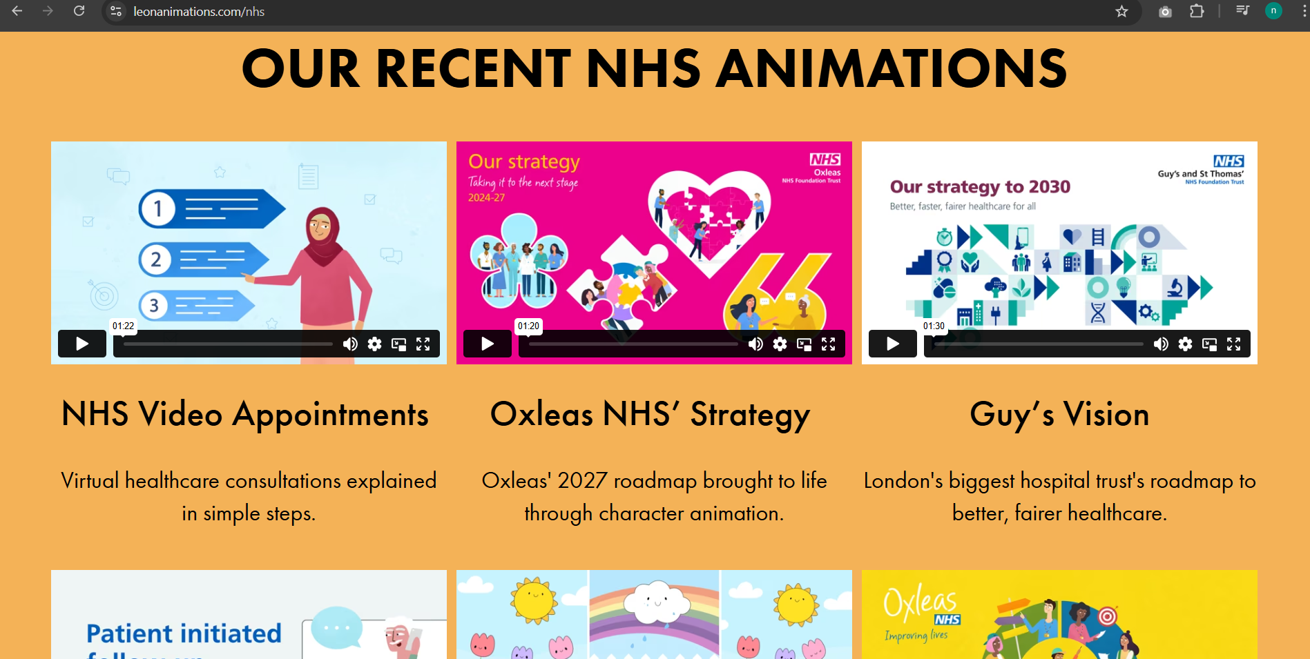 Website section displaying recent NHS animation projects with thumbnails and descriptions of healthcare explainer videos.