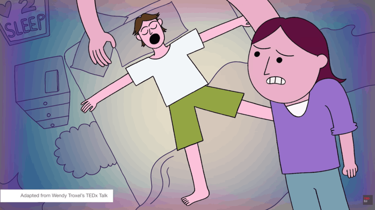 Sleeping teen lies in bed as a parent worries about waking them for school.