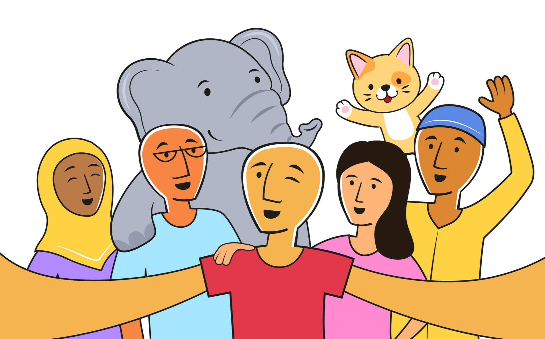 Group of diverse people with Leon the Animation Studio lion mascot, an elephant, and a cat celebrating together