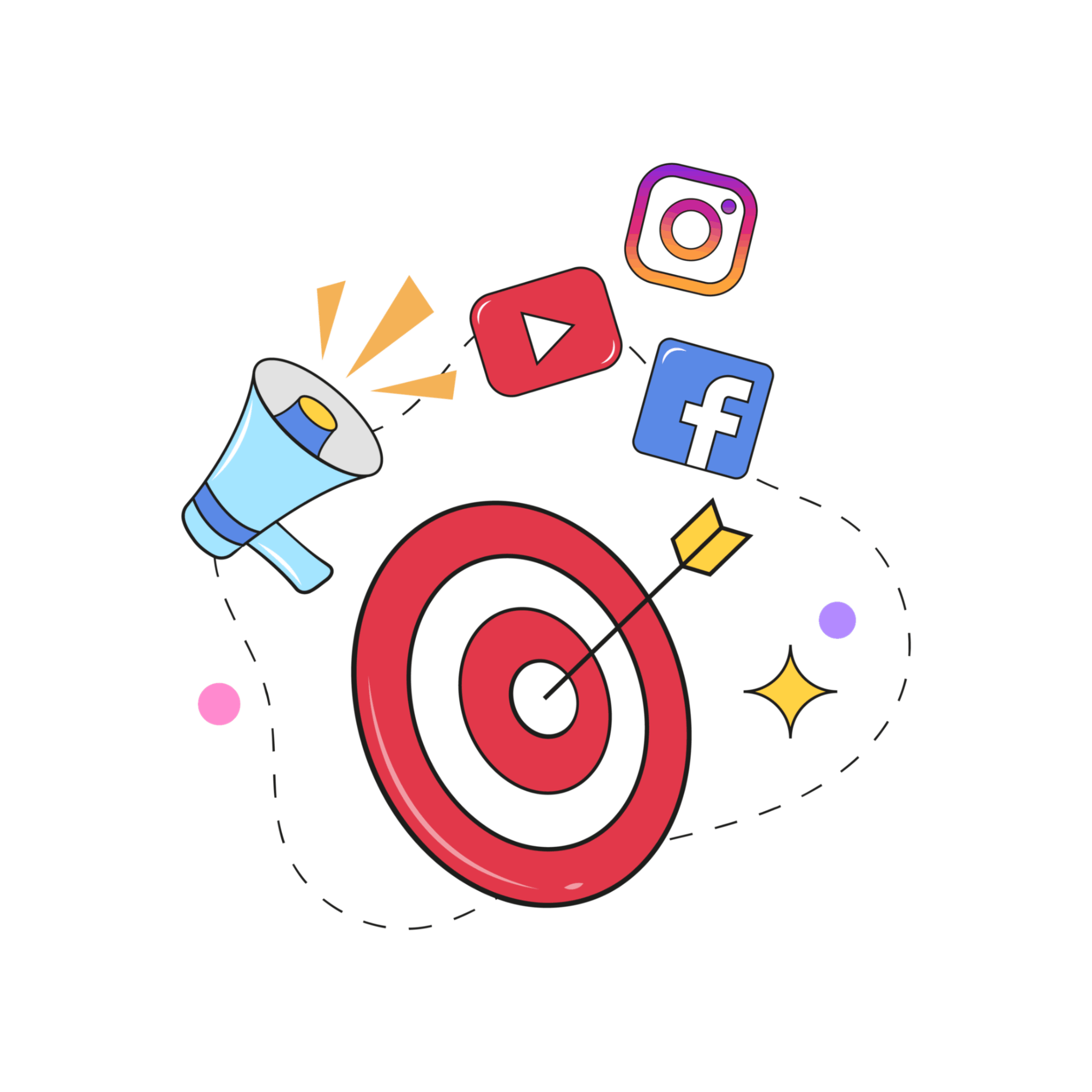 Megaphone and social media icons surround a target struck by an arrow.