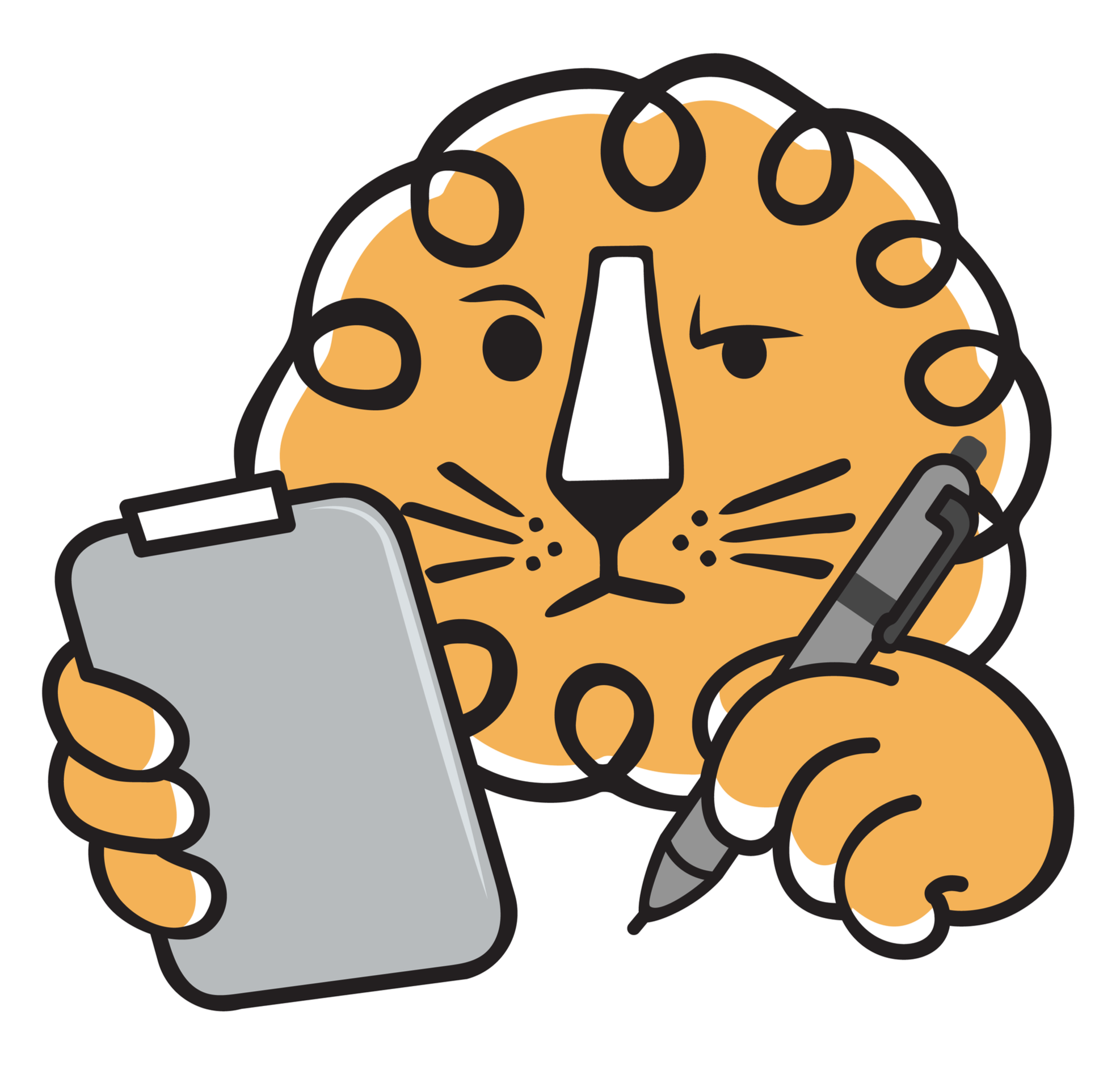 Leon the Animation Studio lion mascot holding a clipboard and pen while writing notes
